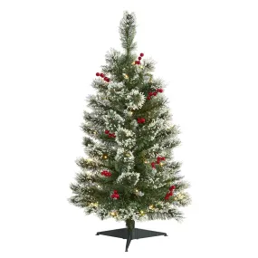 3’ Frosted Swiss Pine Artificial Christmas Tree with 50 Clear LED Lights and Berries