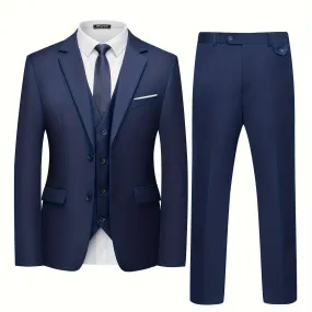 3-Piece Men's Classic Solid Dress Suit Set, Single-breasted Jacket   Vest   Trousers Set, Formal Attire For Men