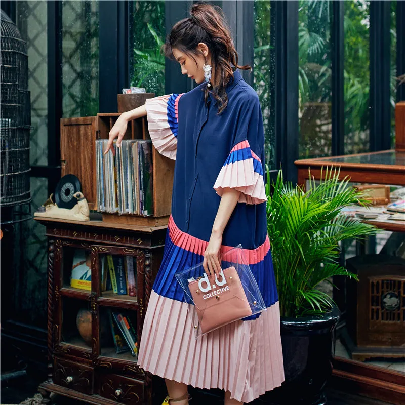 8GIRLS COLORBLOCK DESIGN PLEATED SHIRT DRESS