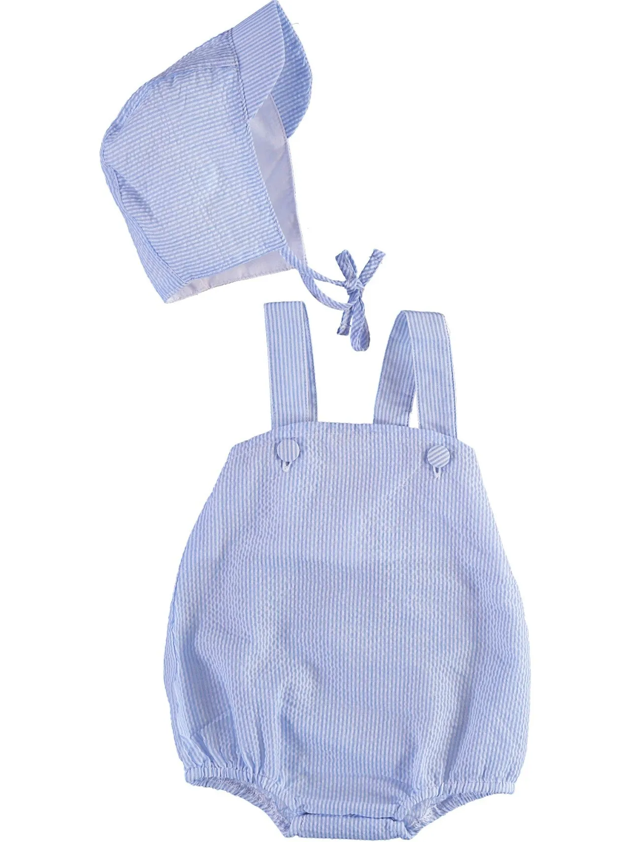 90069-Sleeveless Seersucker Blue Baby Boy Bubble Romper