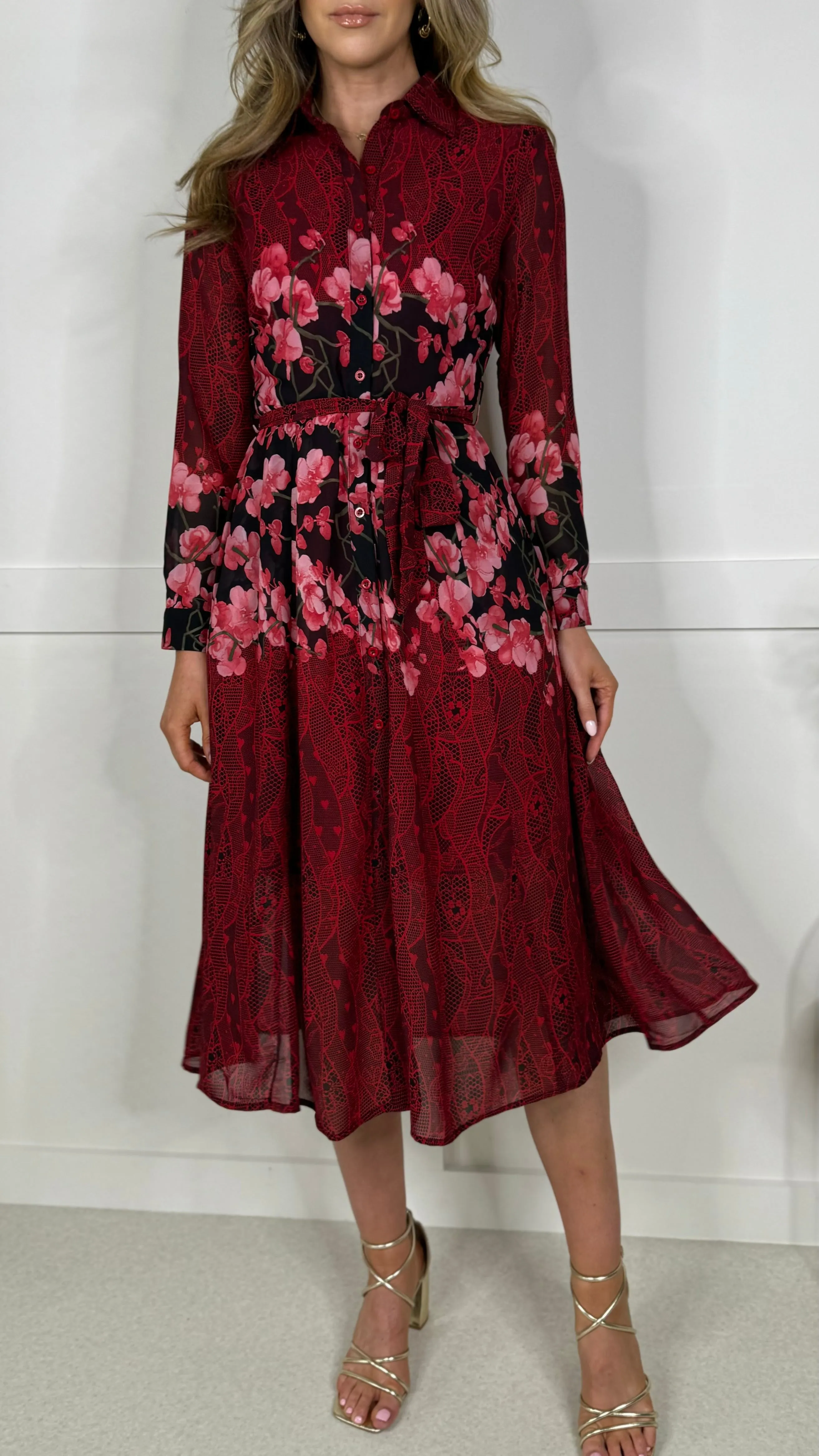 Aaliyah Red and Pink Floral Shirt Midi Dress