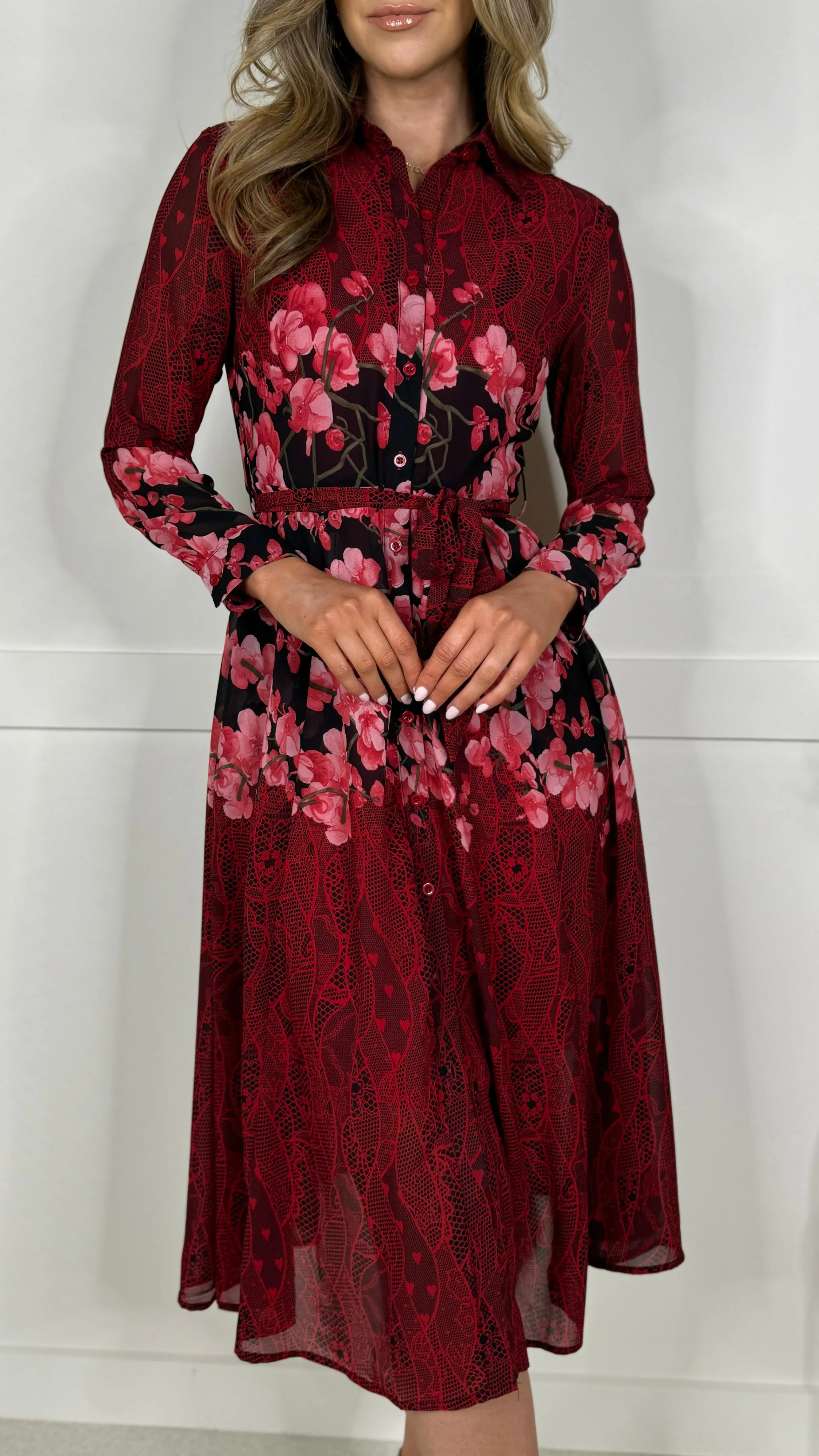 Aaliyah Red and Pink Floral Shirt Midi Dress