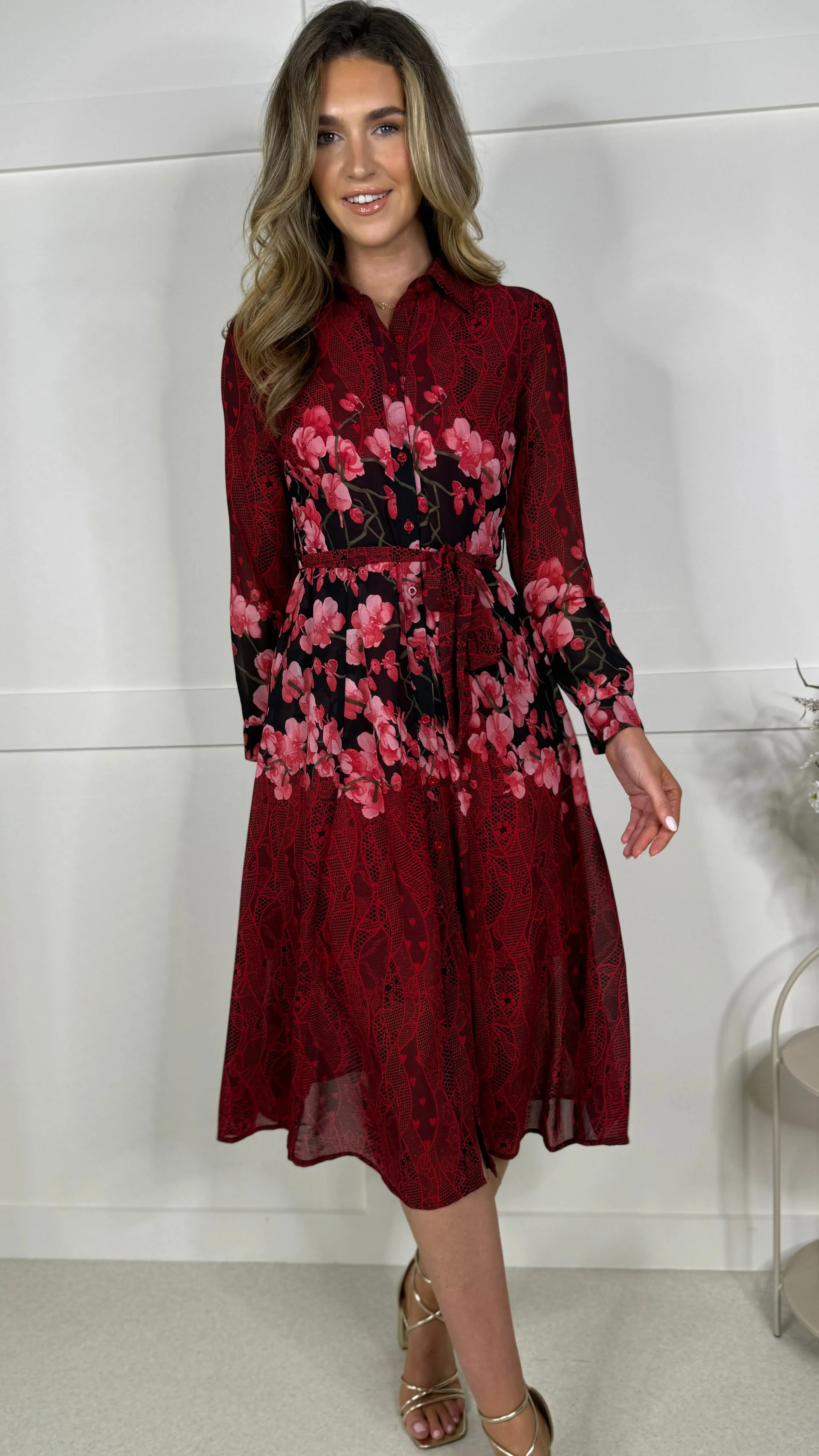 Aaliyah Red and Pink Floral Shirt Midi Dress
