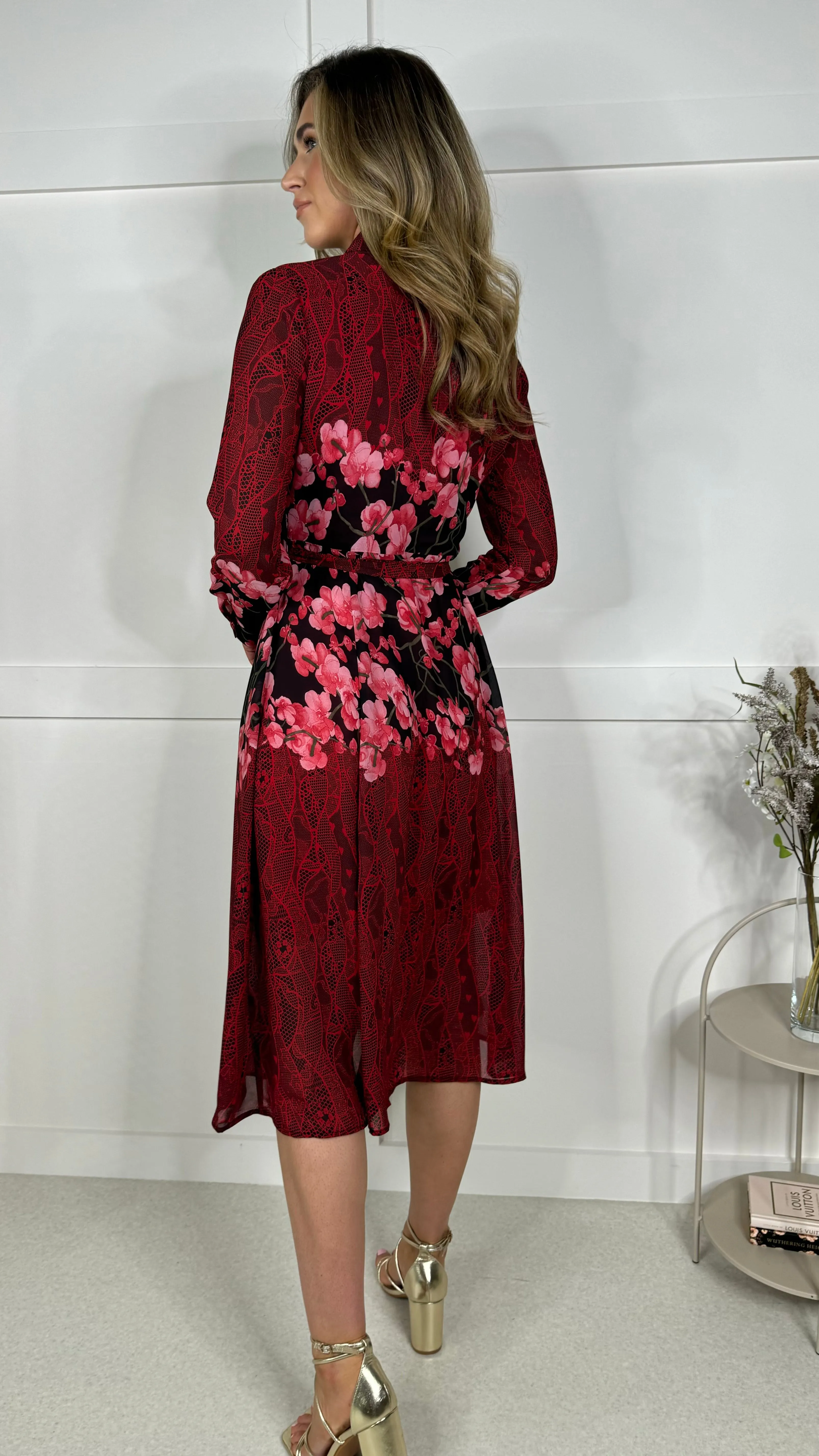 Aaliyah Red and Pink Floral Shirt Midi Dress