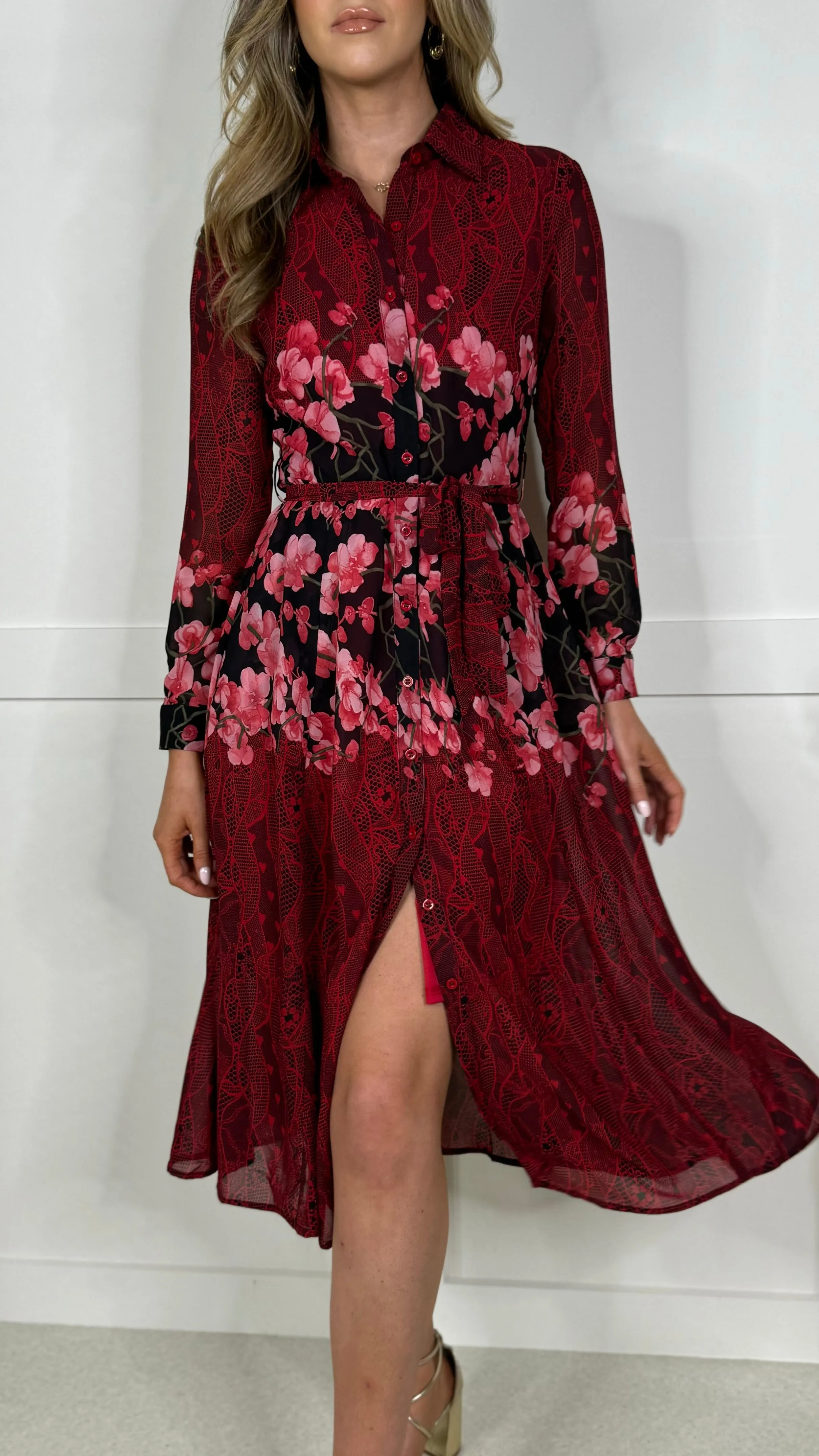 Aaliyah Red and Pink Floral Shirt Midi Dress