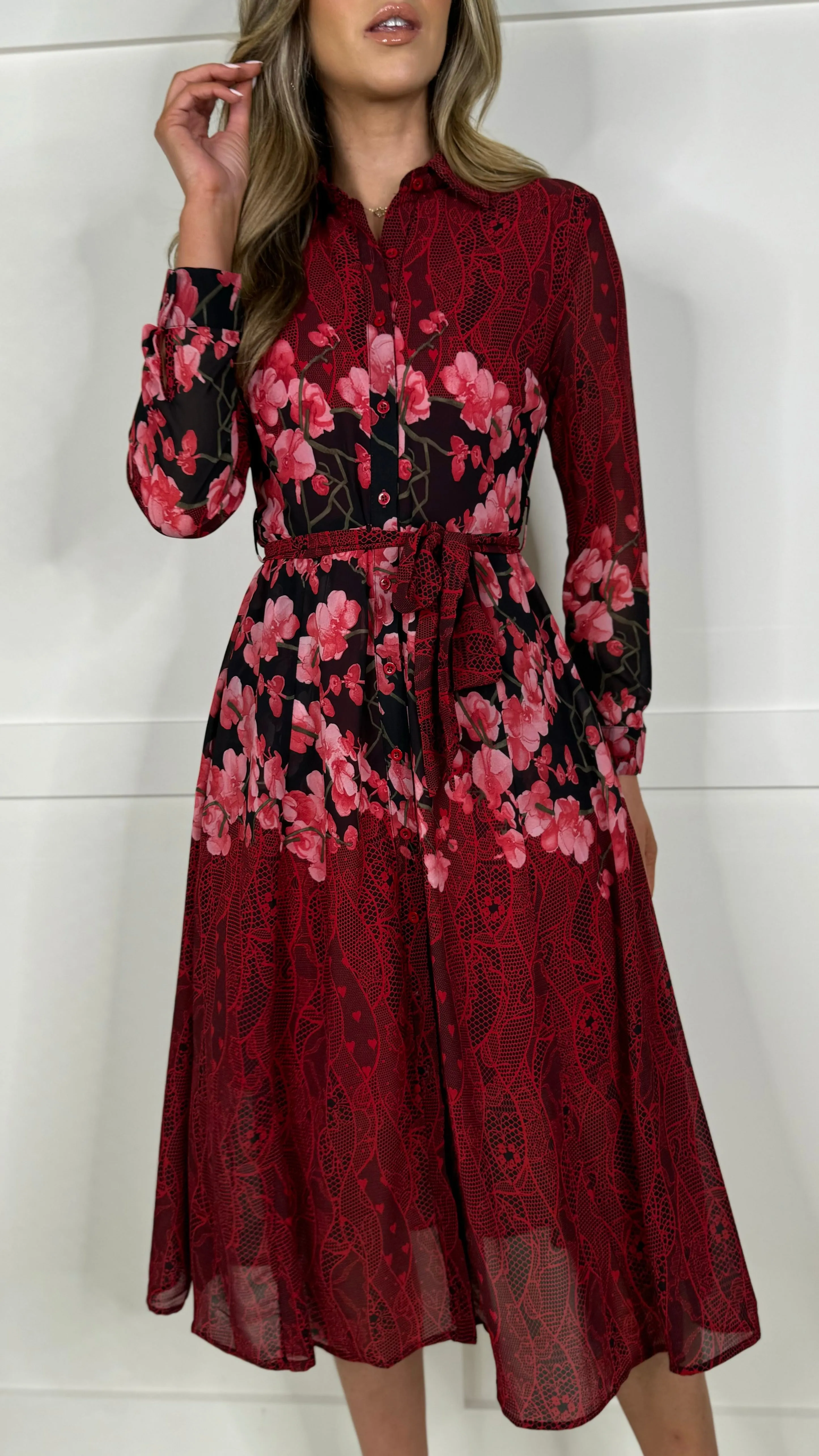 Aaliyah Red and Pink Floral Shirt Midi Dress