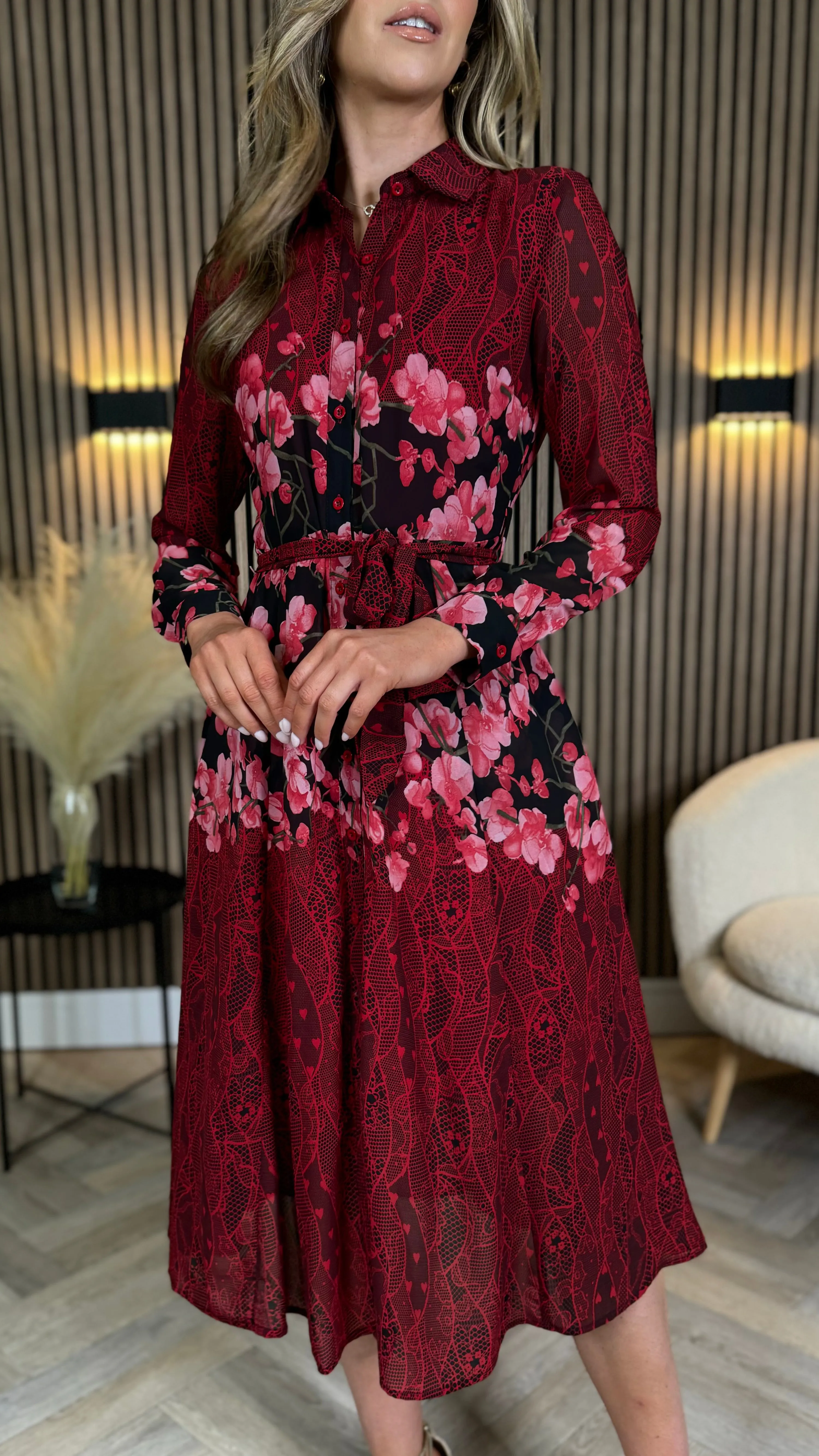 Aaliyah Red and Pink Floral Shirt Midi Dress