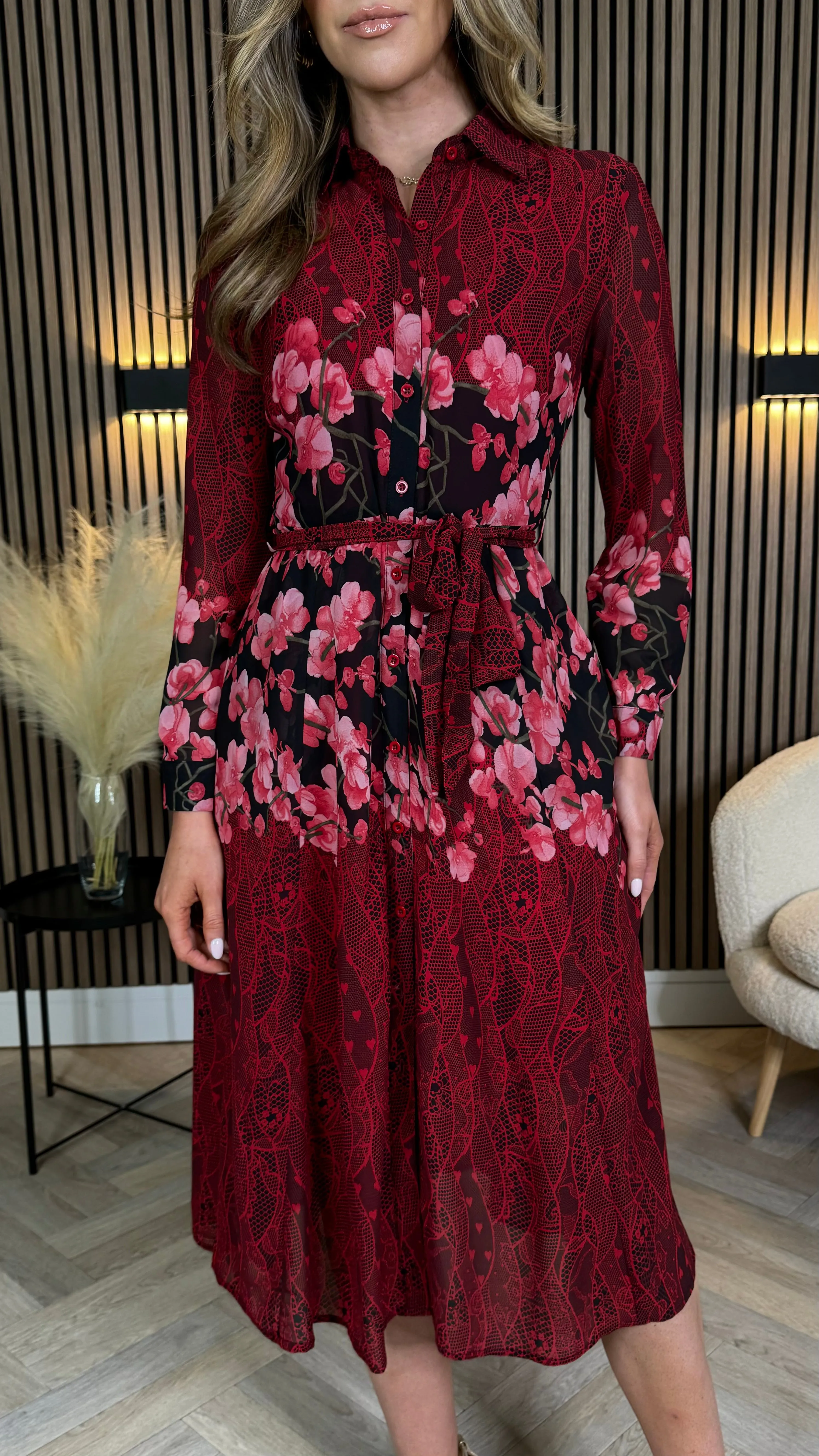 Aaliyah Red and Pink Floral Shirt Midi Dress