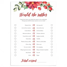 Baby Shower Would She Rather Game Holiday Theme