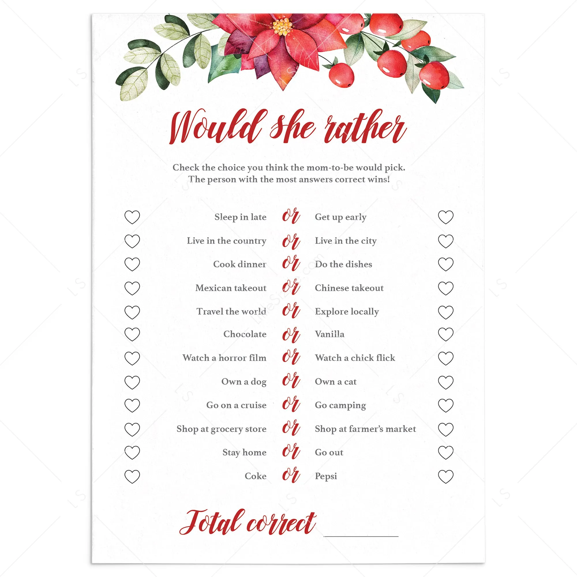 Baby Shower Would She Rather Game Holiday Theme