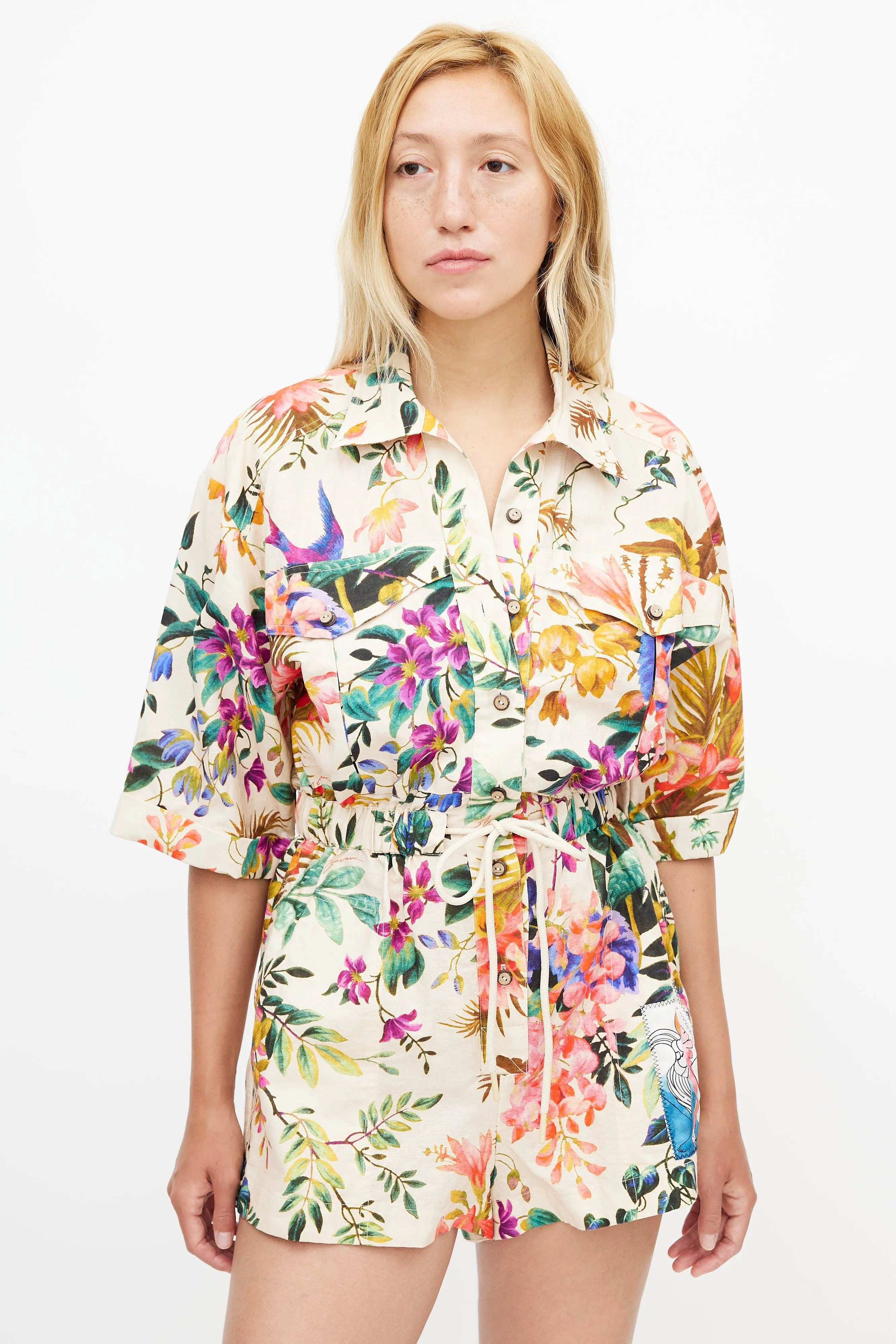 Beige & Multicolour Floral Tropicana Romper