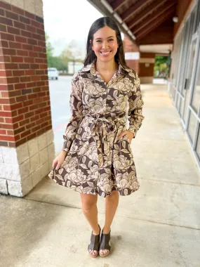 Believe In Me Mocha Brown Floral Long Sleeve Shirt Dress with Tie Waist