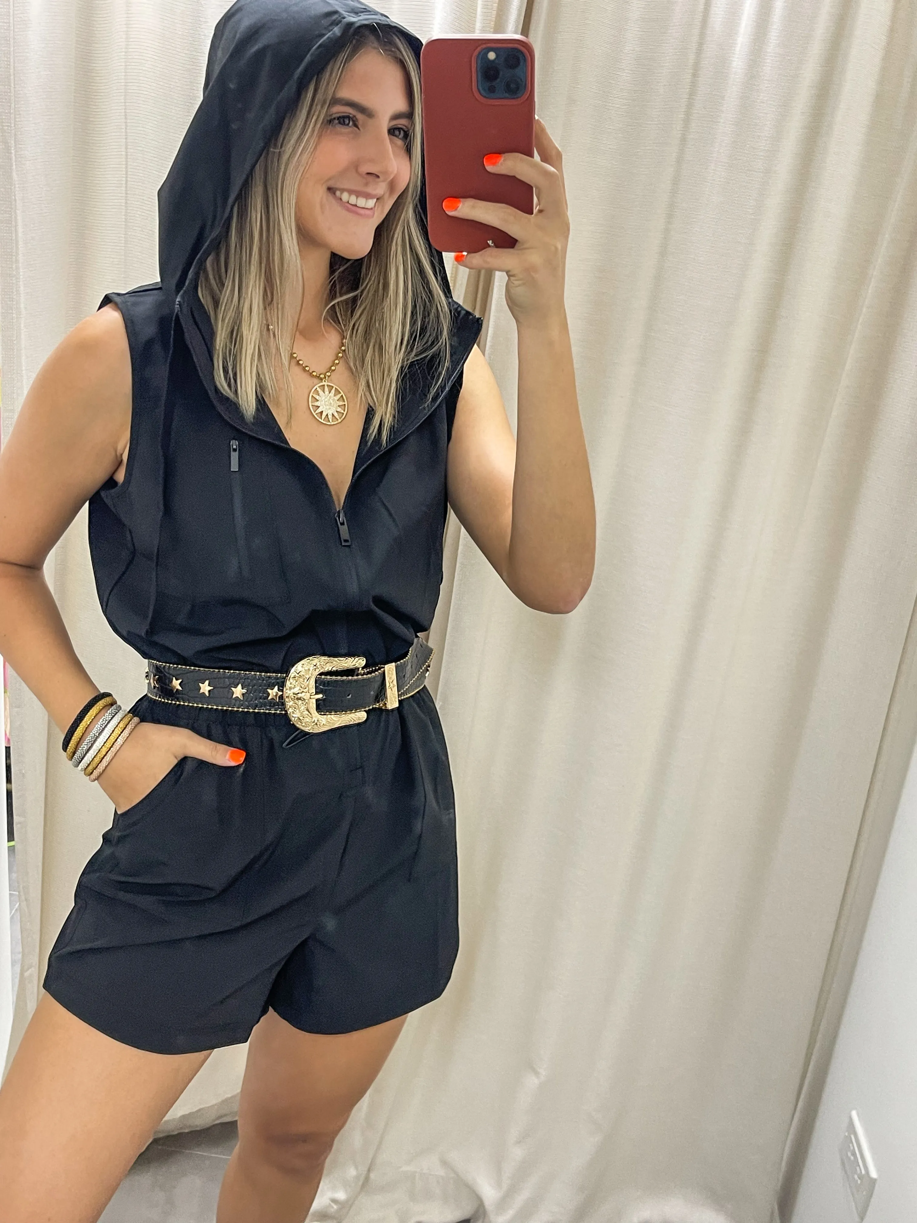 BLACK NYLON HOODIE ROMPER