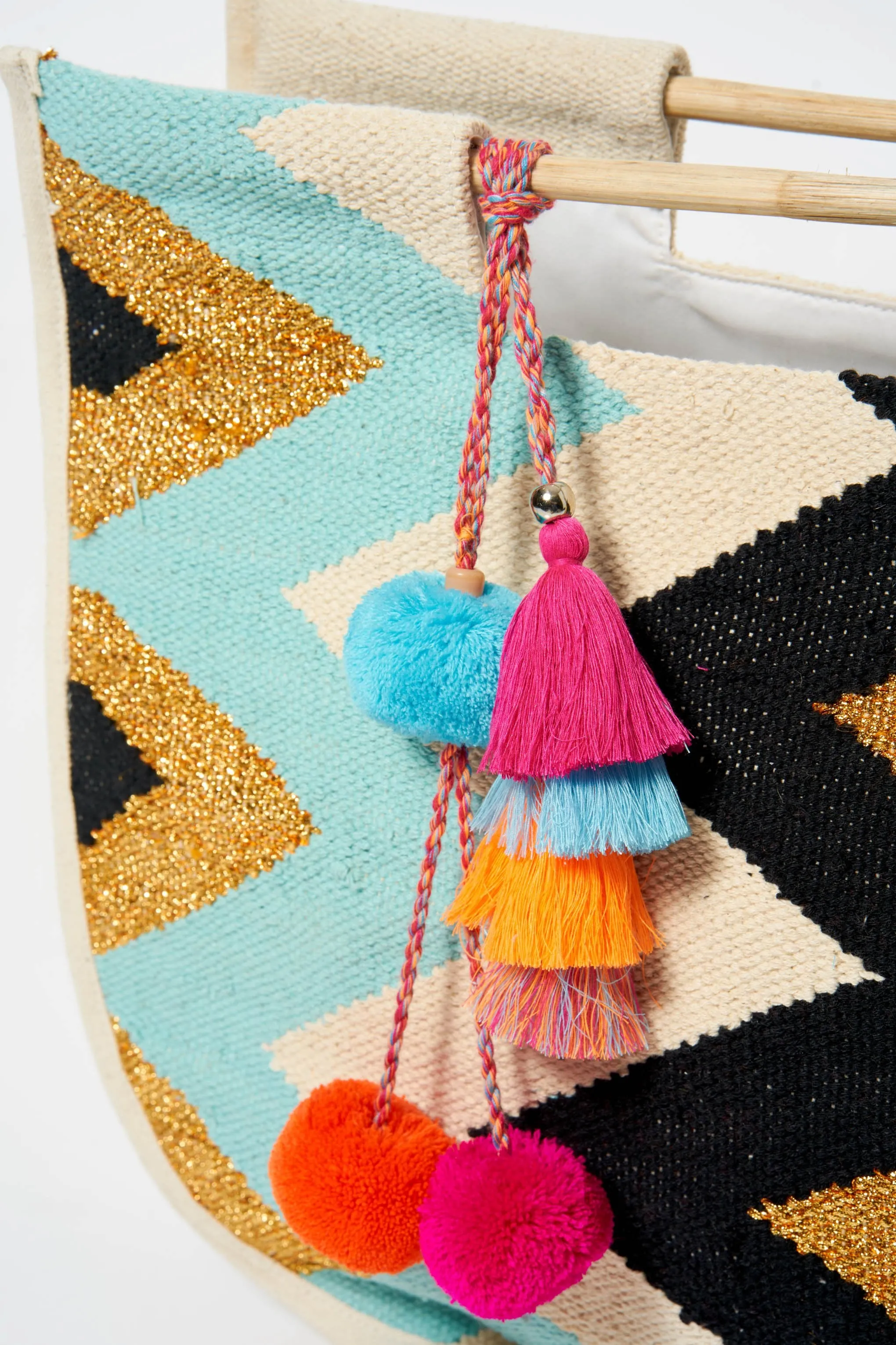 Blue Chevron Pom Pom Beach Bag