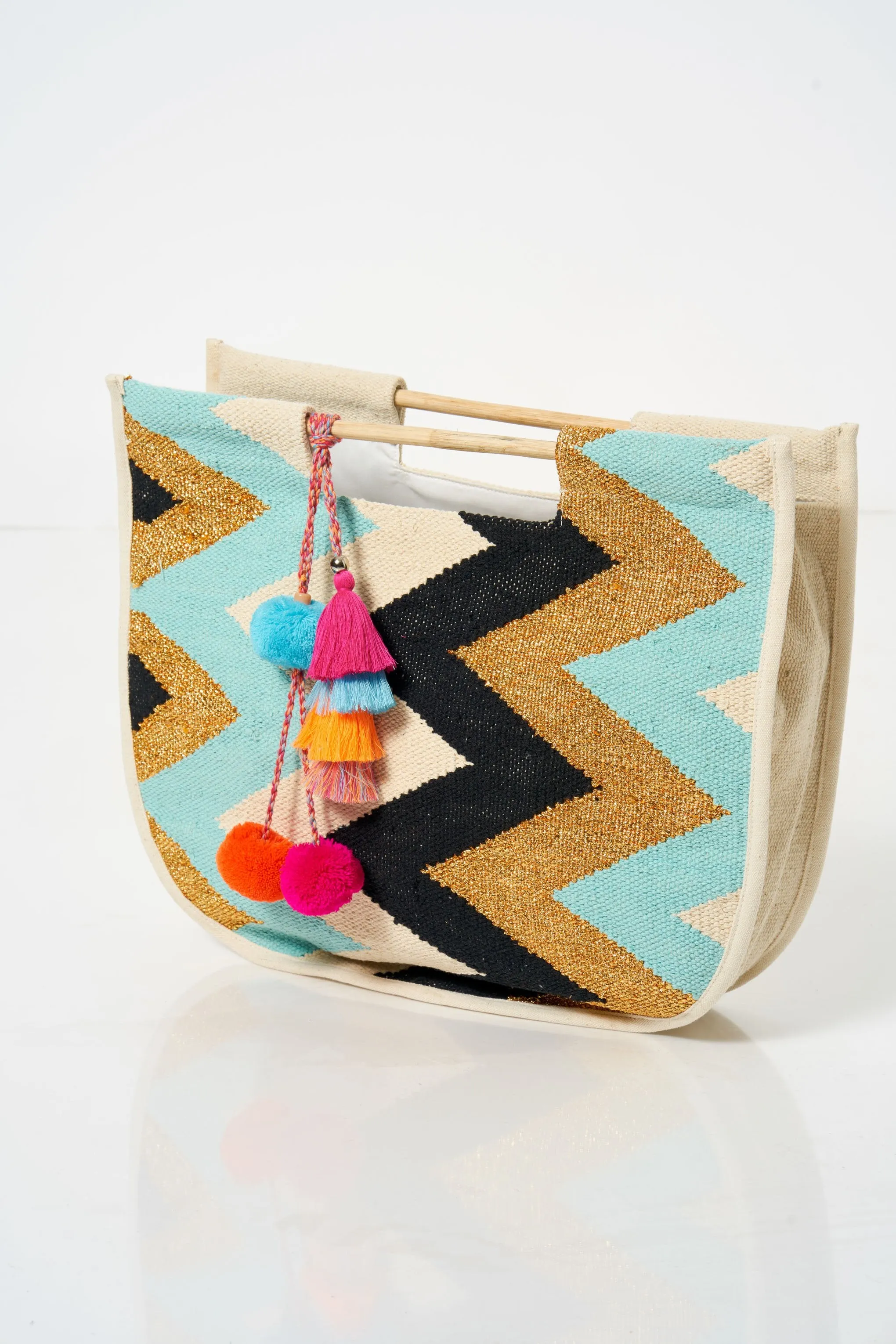 Blue Chevron Pom Pom Beach Bag