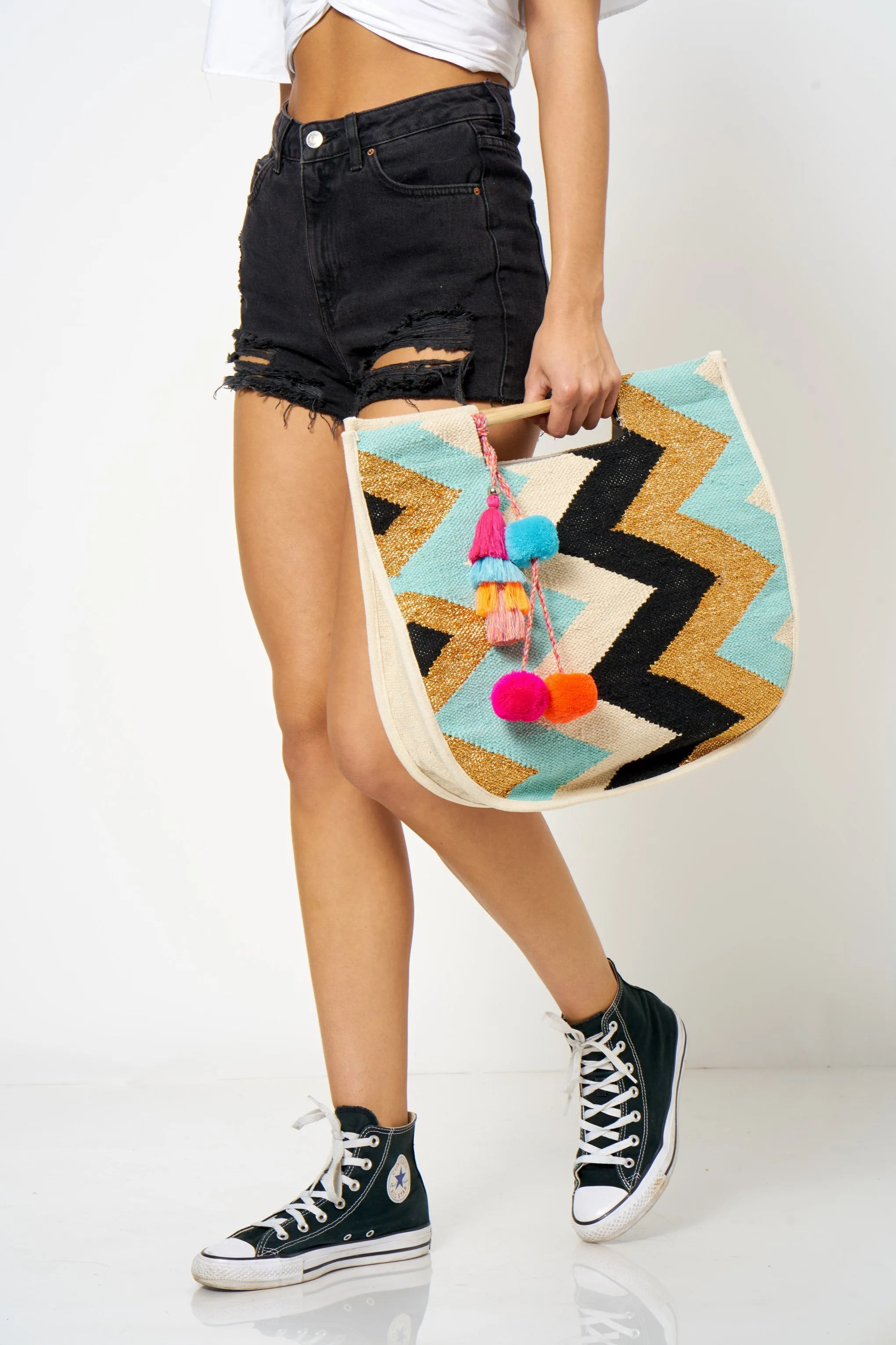 Blue Chevron Pom Pom Beach Bag