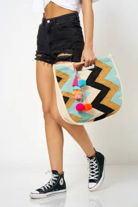 Blue Chevron Pom Pom Beach Bag