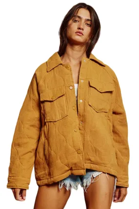 Bucket List Camel Raglan Wave Quilted Shirt Jacket