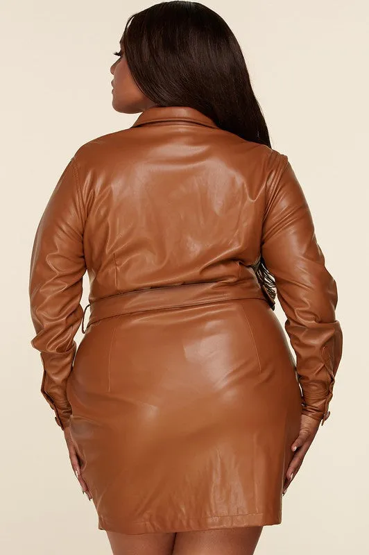 Camel Leatherette Shirt Dress