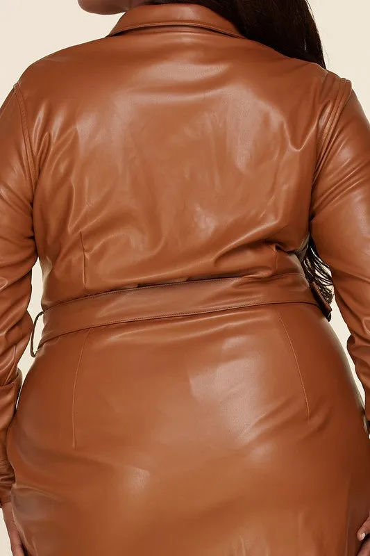 Camel Leatherette Shirt Dress