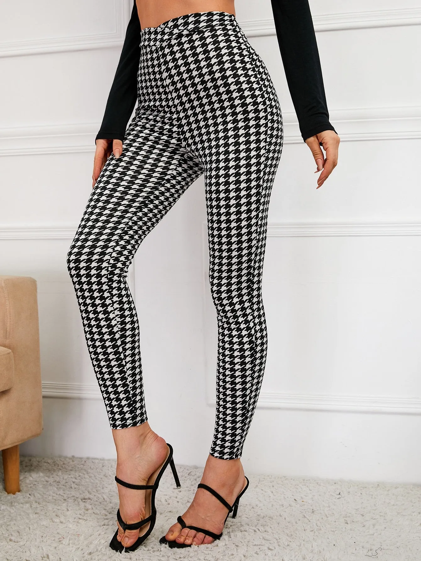 Casual Houndstooth High Waist Cropped Women Pants