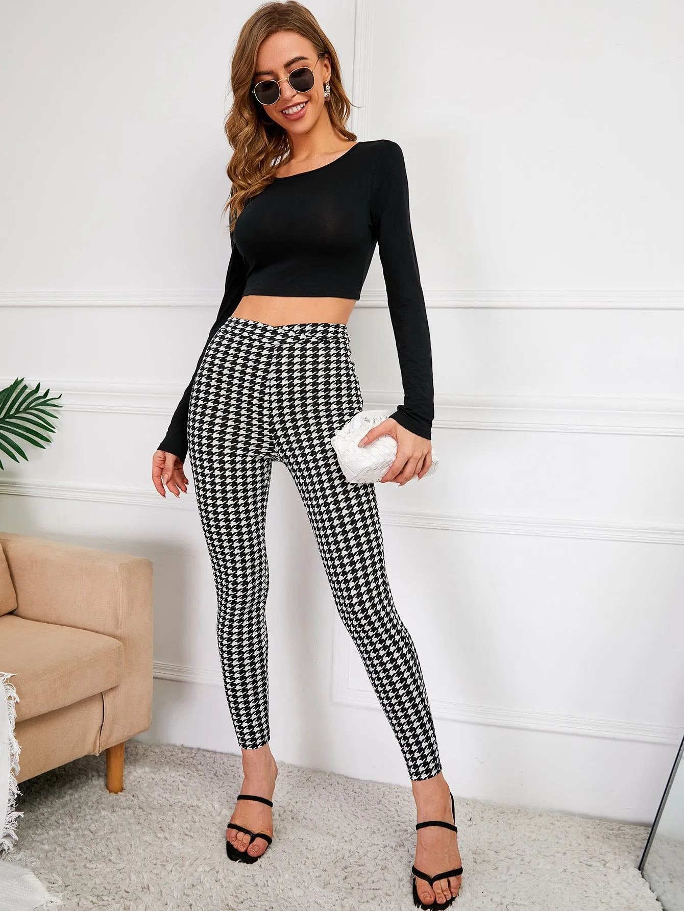 Casual Houndstooth High Waist Cropped Women Pants