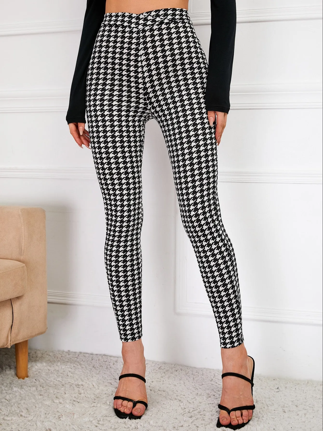 Casual Houndstooth High Waist Cropped Women Pants
