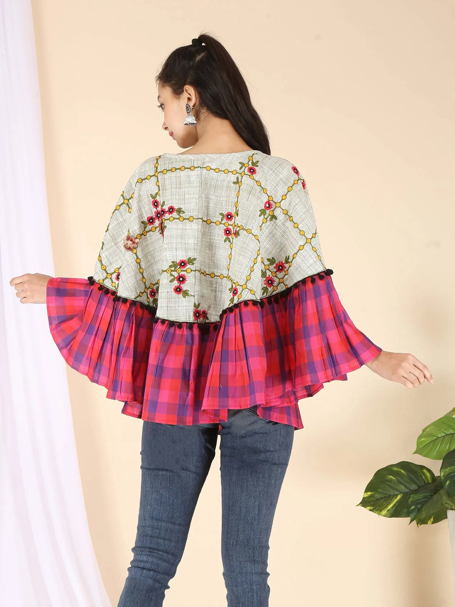 Chex Frill Embroidered Circular Poncho