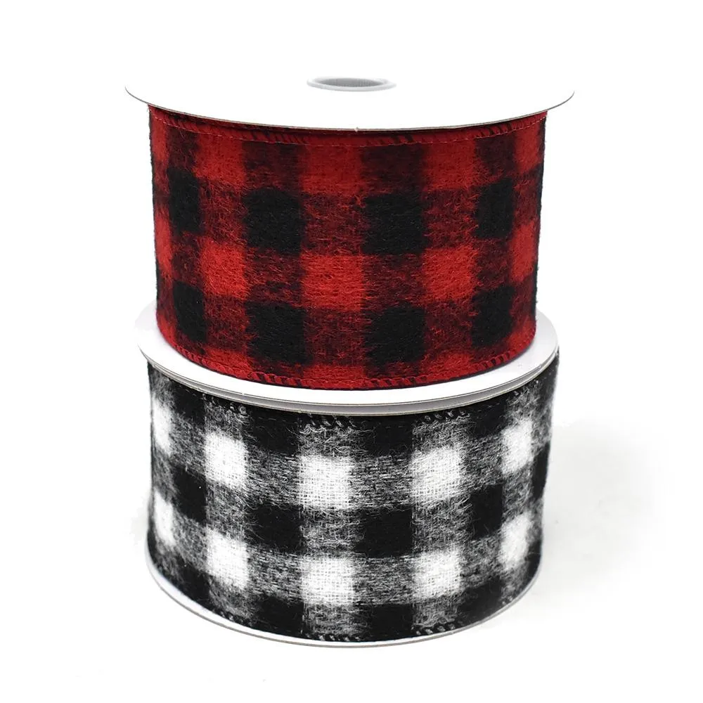 Christmas Brushed Square Plaid Wired Ribbon, 10-yard