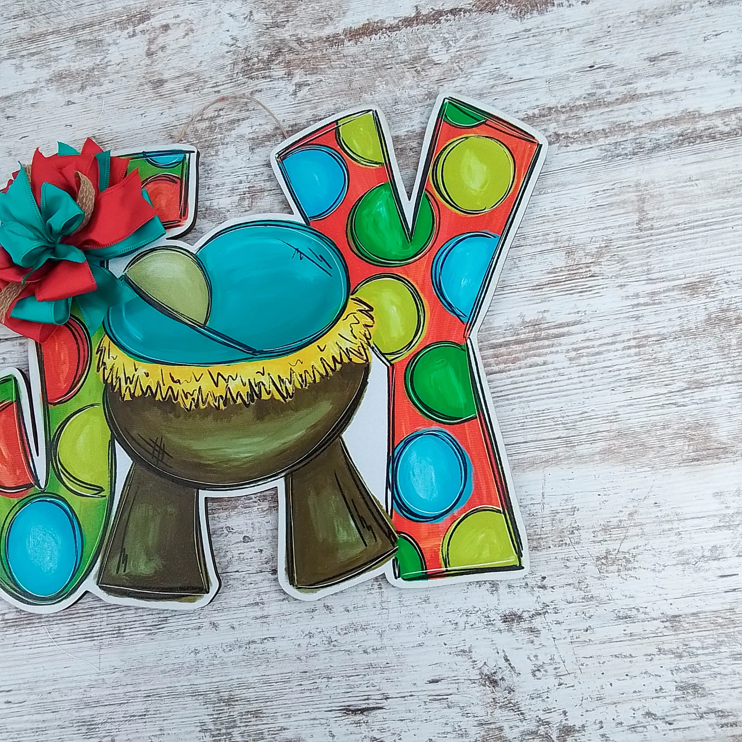 Christmas Door Hanger, JOY Manger Scene Decor, Festive Polka Dot Design