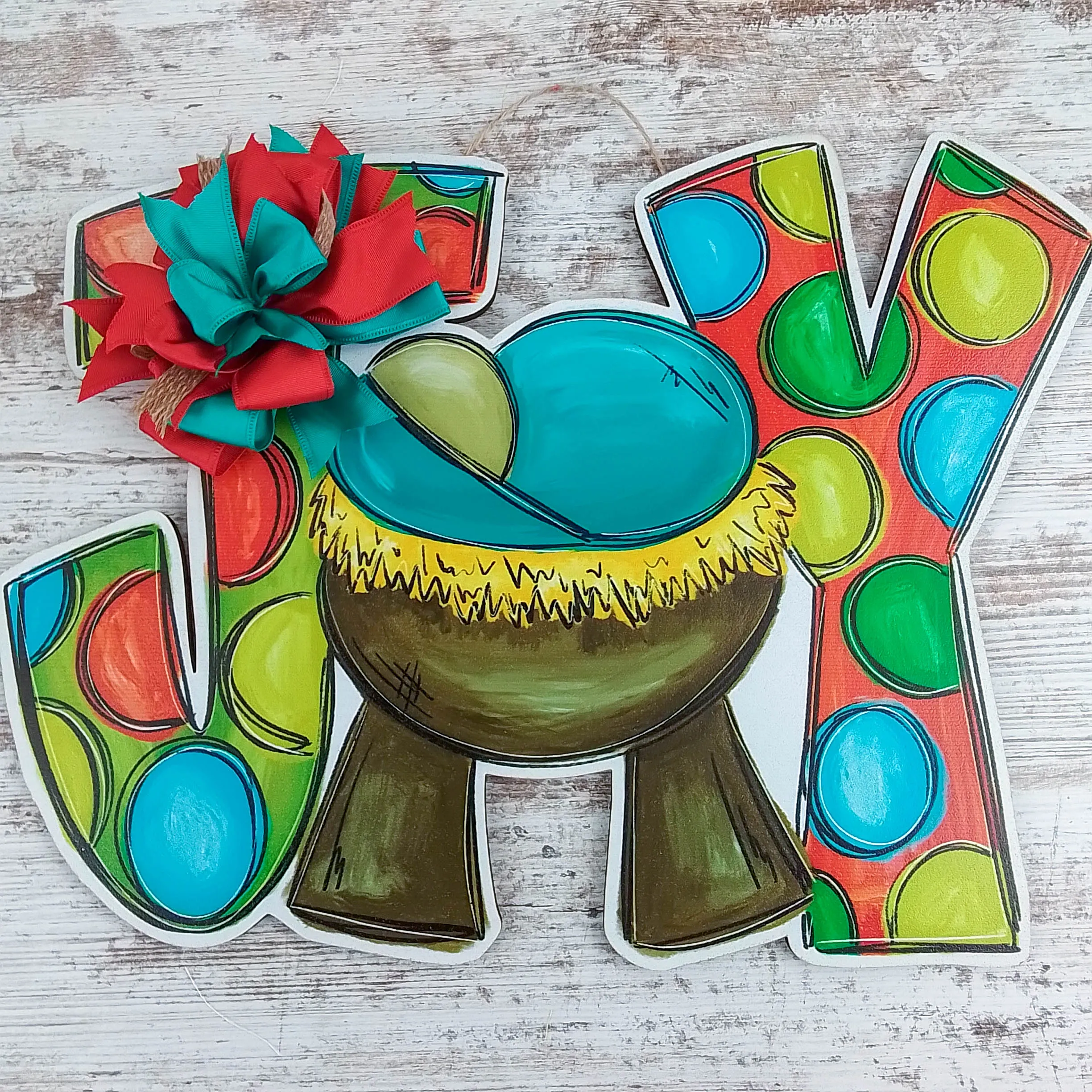 Christmas Door Hanger, JOY Manger Scene Decor, Festive Polka Dot Design