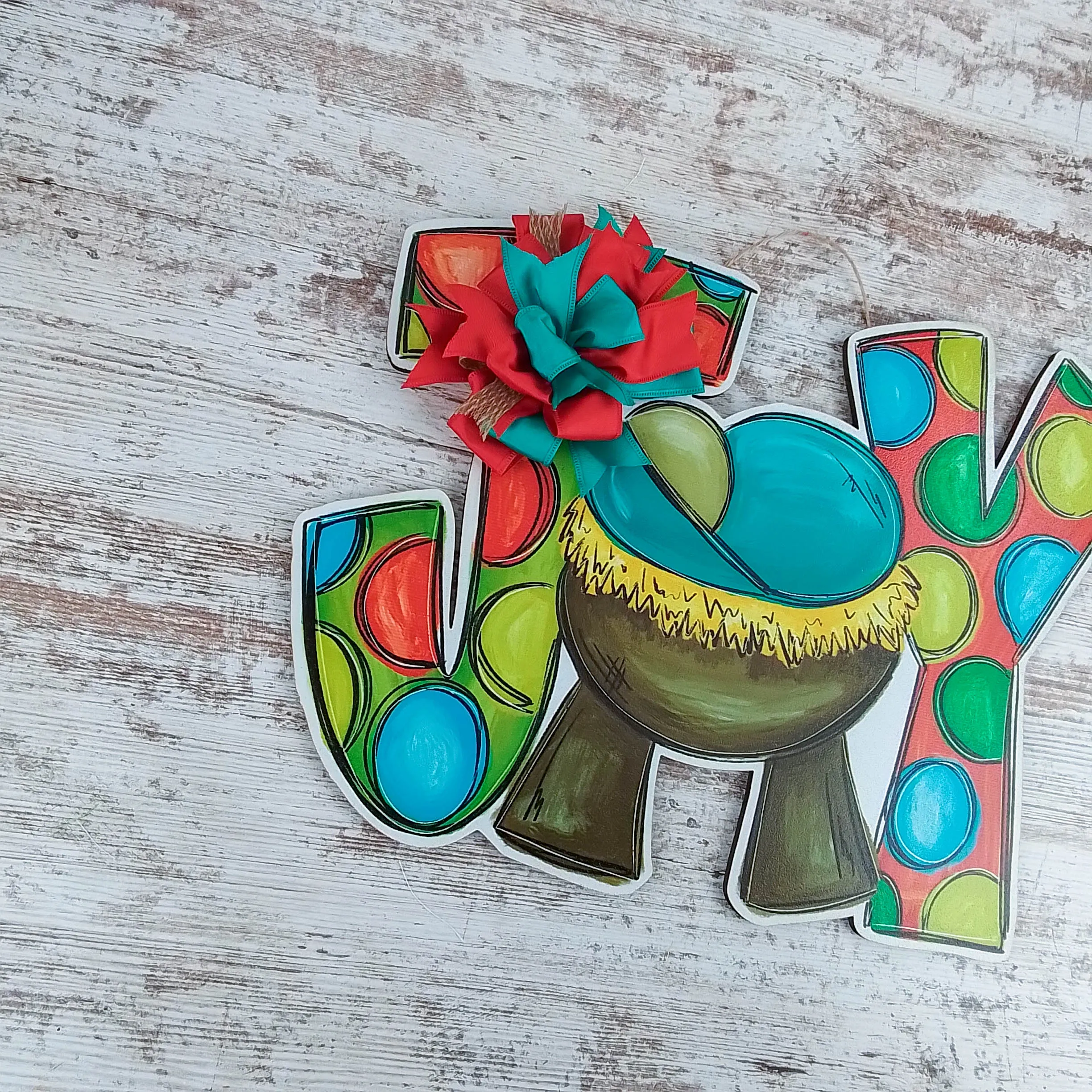 Christmas Door Hanger, JOY Manger Scene Decor, Festive Polka Dot Design
