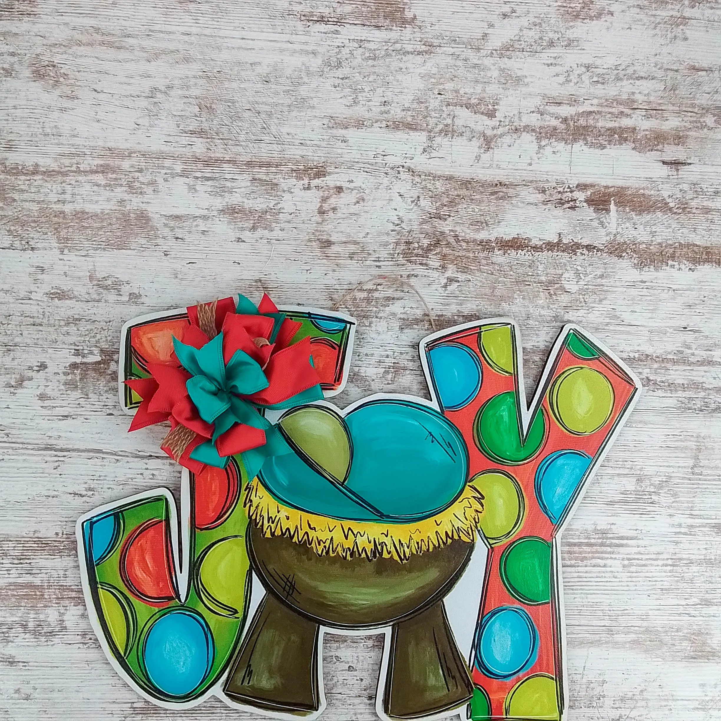 Christmas Door Hanger, JOY Manger Scene Decor, Festive Polka Dot Design