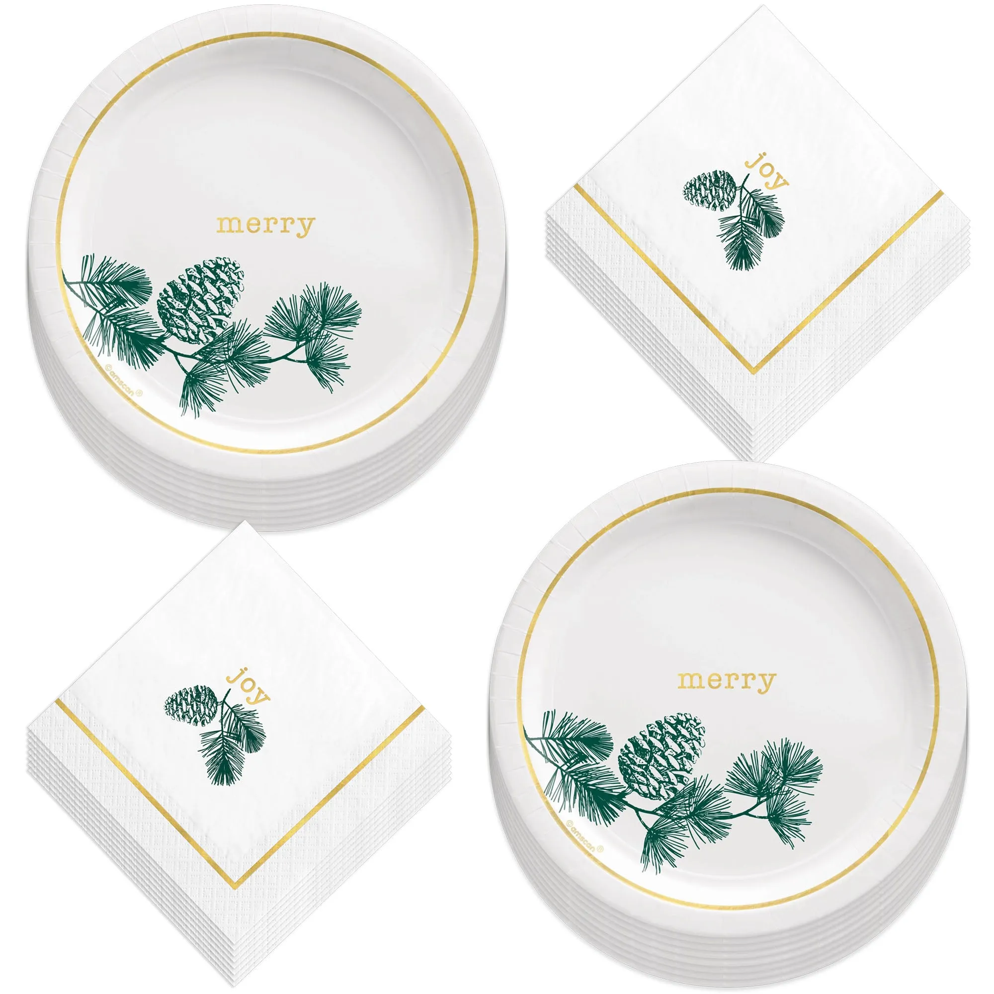 Christmas Party Modern Merry Paper Dessert Plates and Joy Beverage Napkins (Serves 16)
