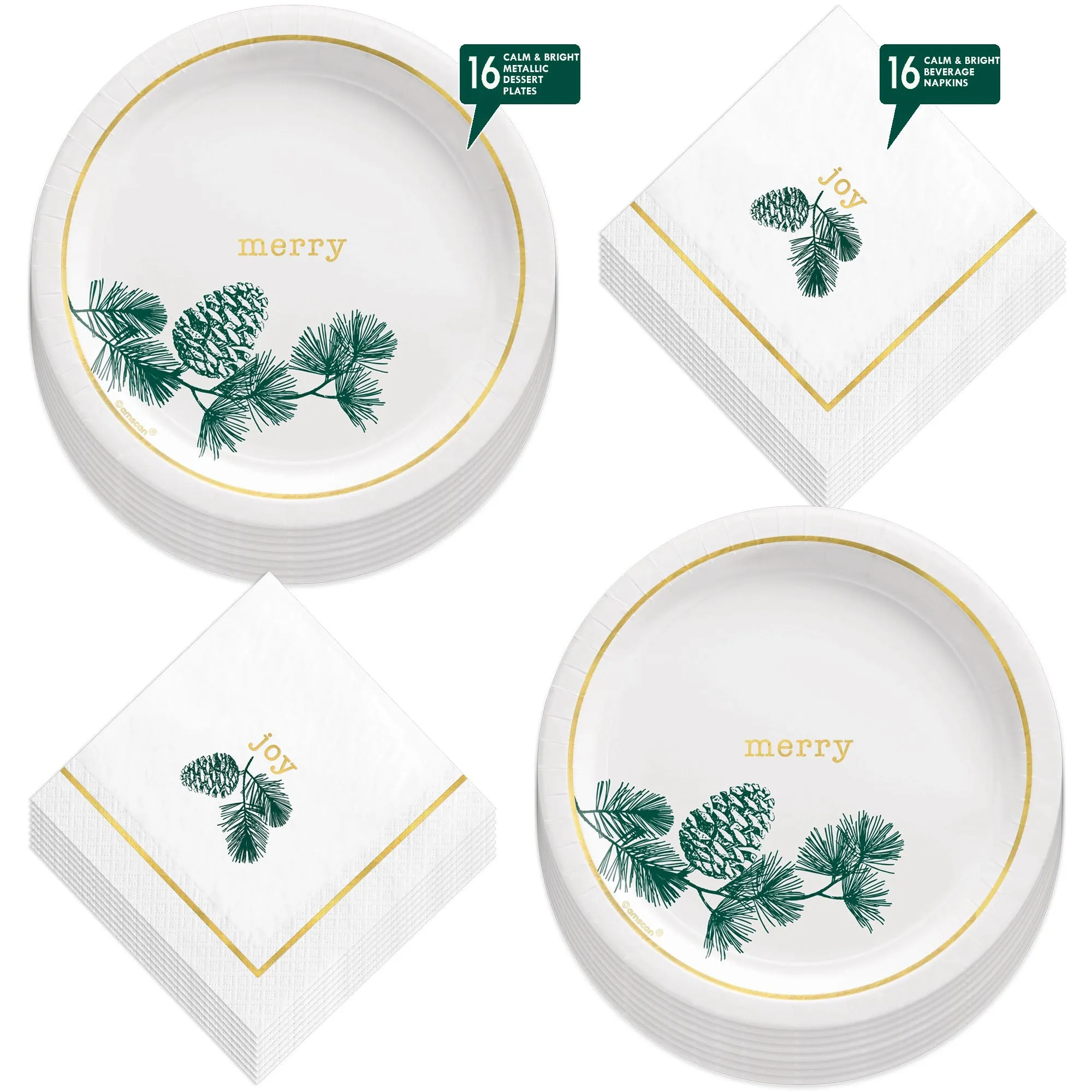 Christmas Party Modern Merry Paper Dessert Plates and Joy Beverage Napkins (Serves 16)