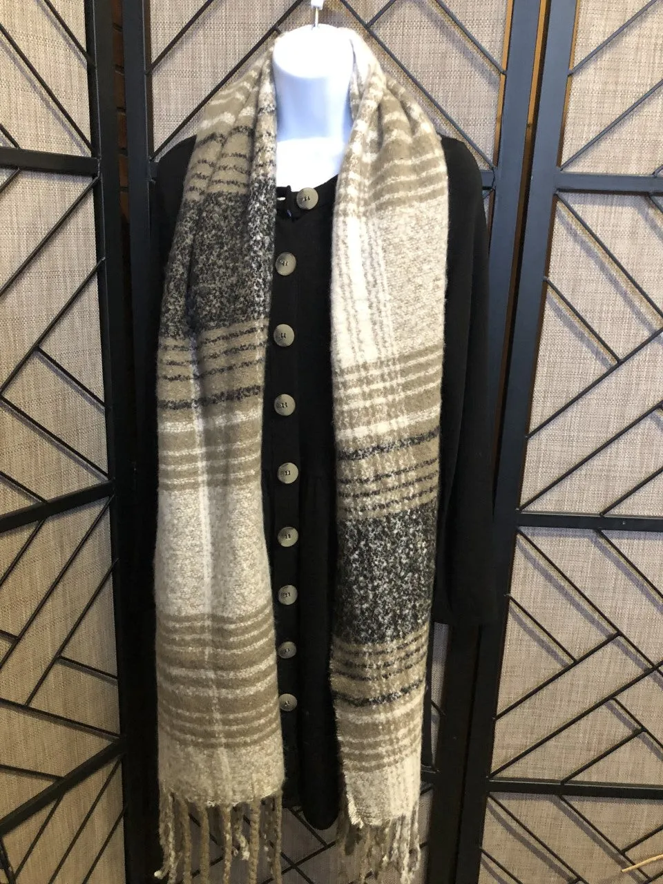 Color Block Fringe Scarf Beige/Black/Cream Mix