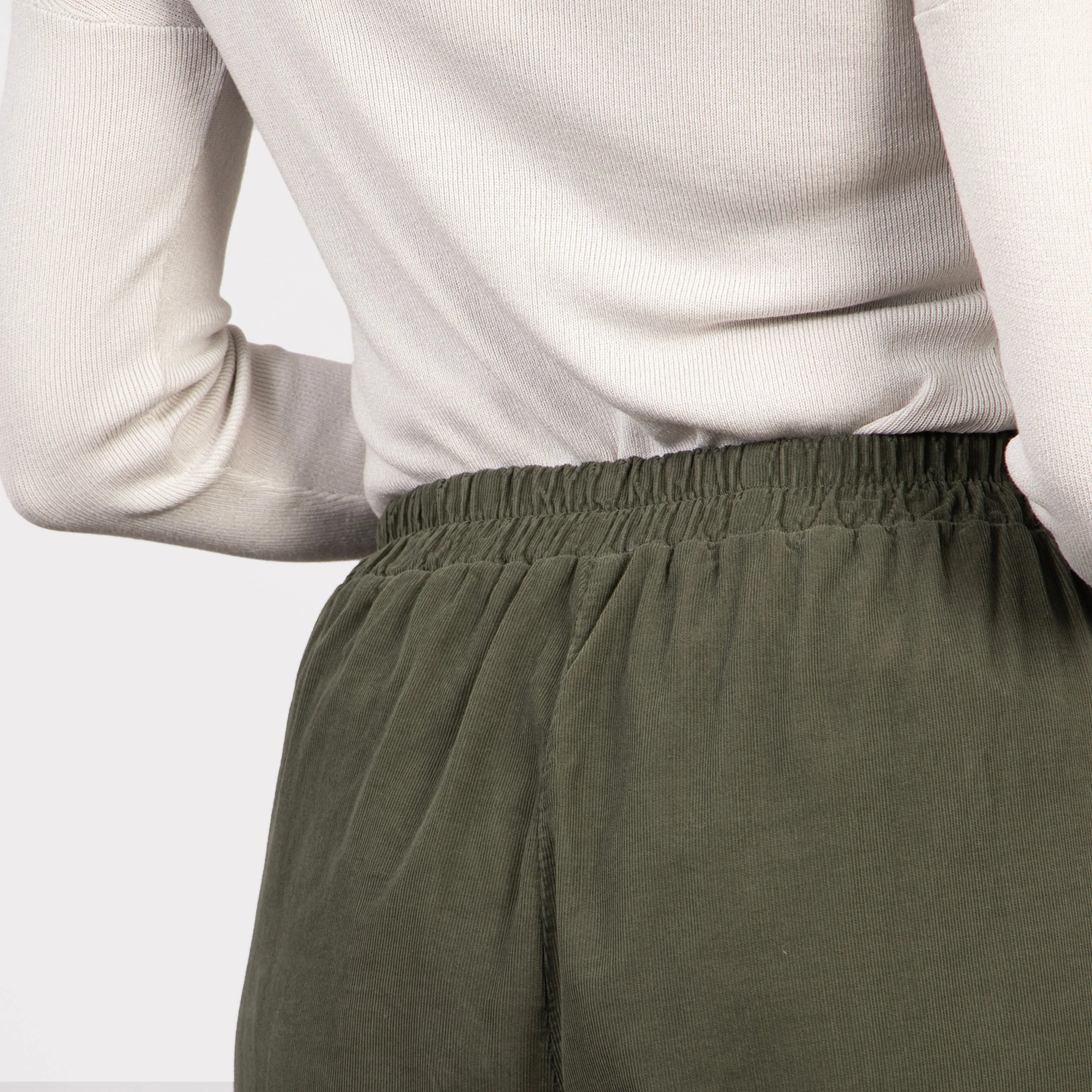 Della Wide Leg Cropped Trousers - Khaki, Babycord