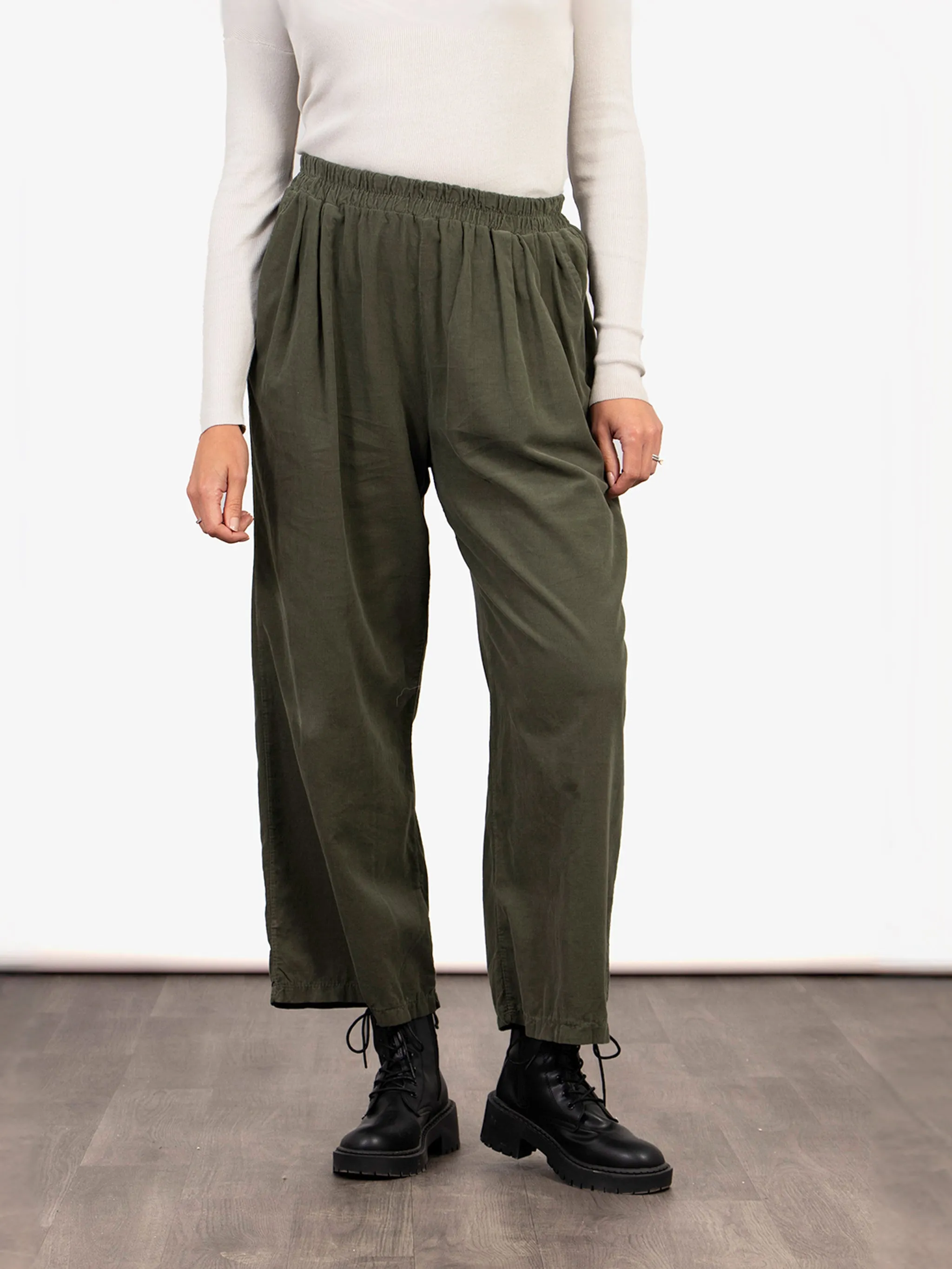 Della Wide Leg Cropped Trousers - Khaki, Babycord