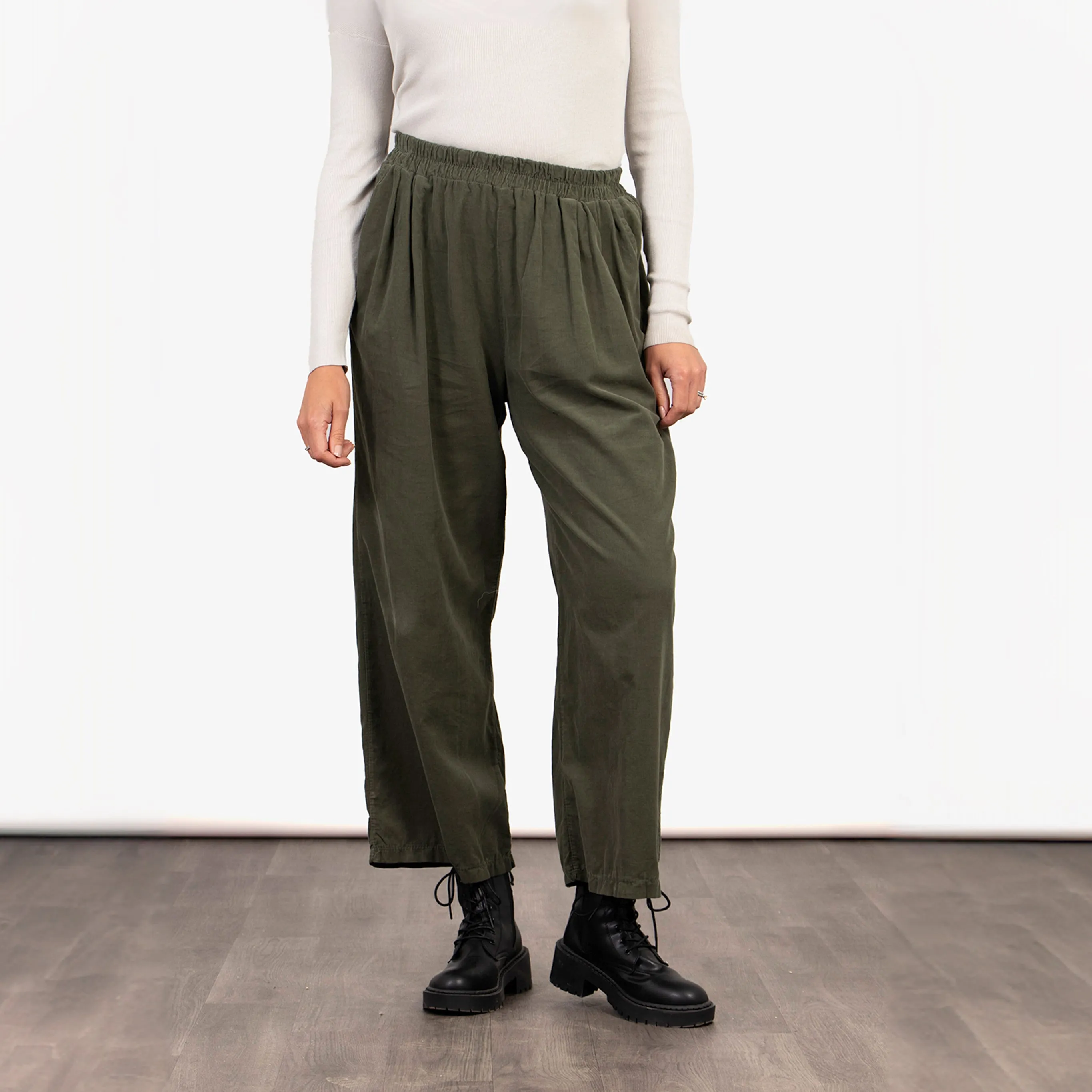 Della Wide Leg Cropped Trousers - Khaki, Babycord