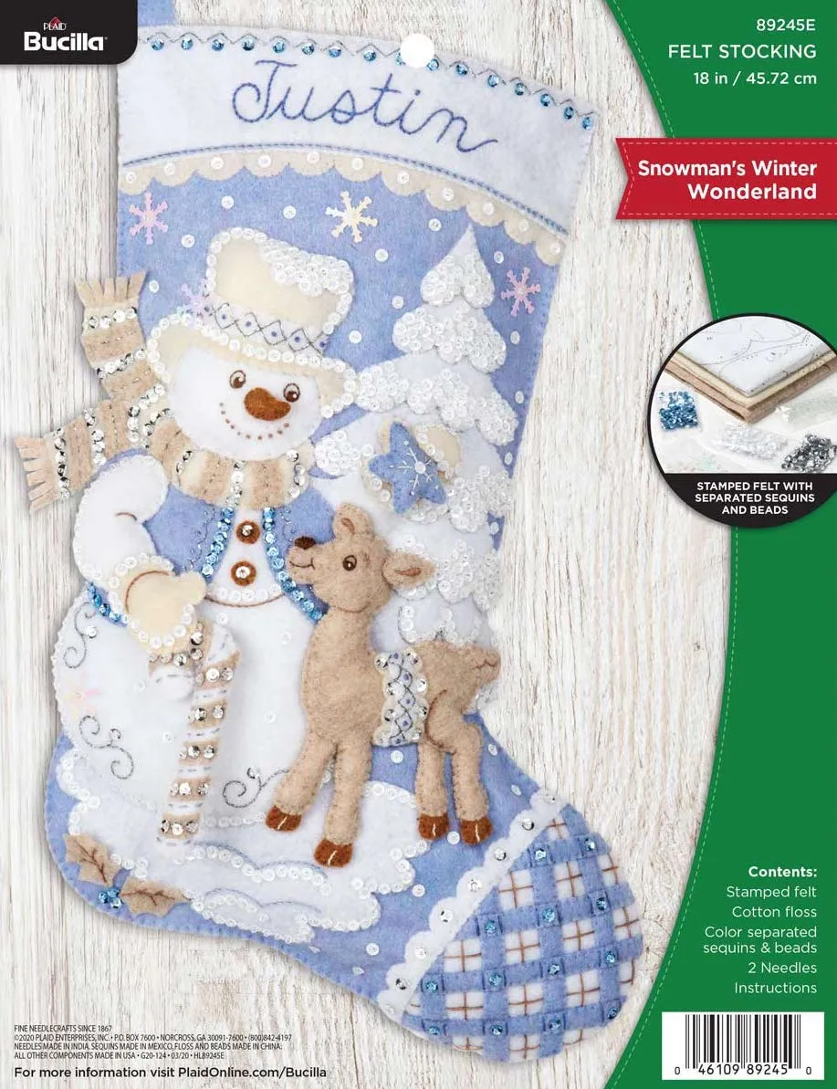 DIY Bucilla Snowmans Winter Wonderland Christmas Blue Felt Stocking Kit 89245E