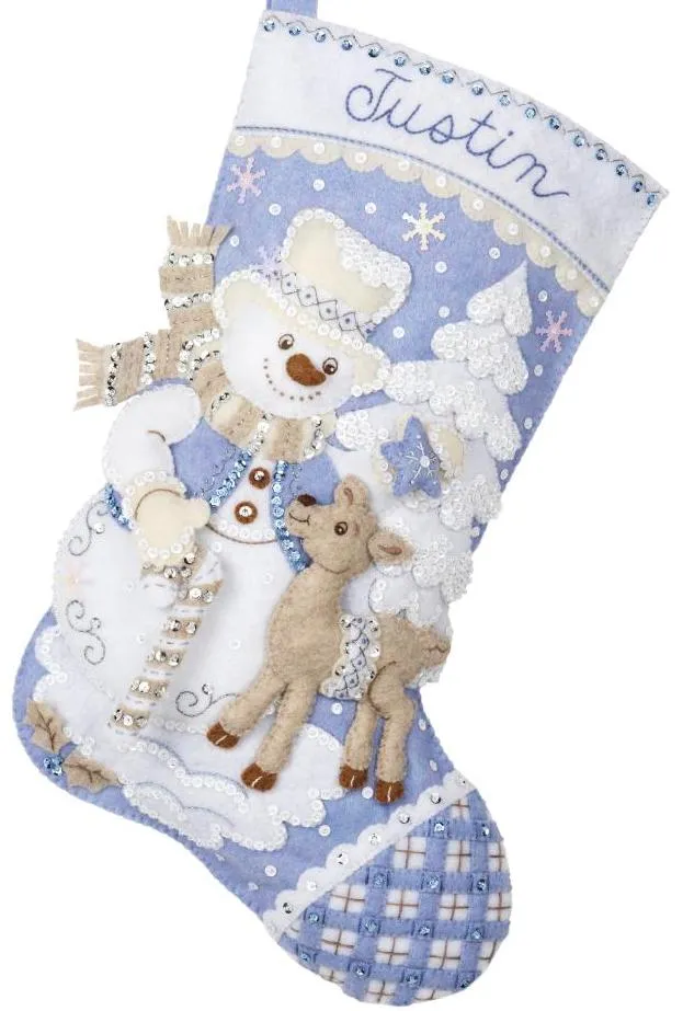 DIY Bucilla Snowmans Winter Wonderland Christmas Blue Felt Stocking Kit 89245E
