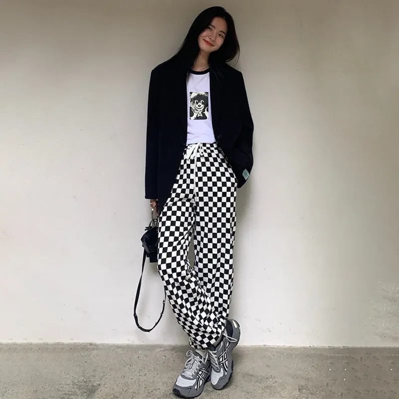 EAL checkerboard patchwork plaid grid loose high waist B/W straight long pants warm gothic trousers