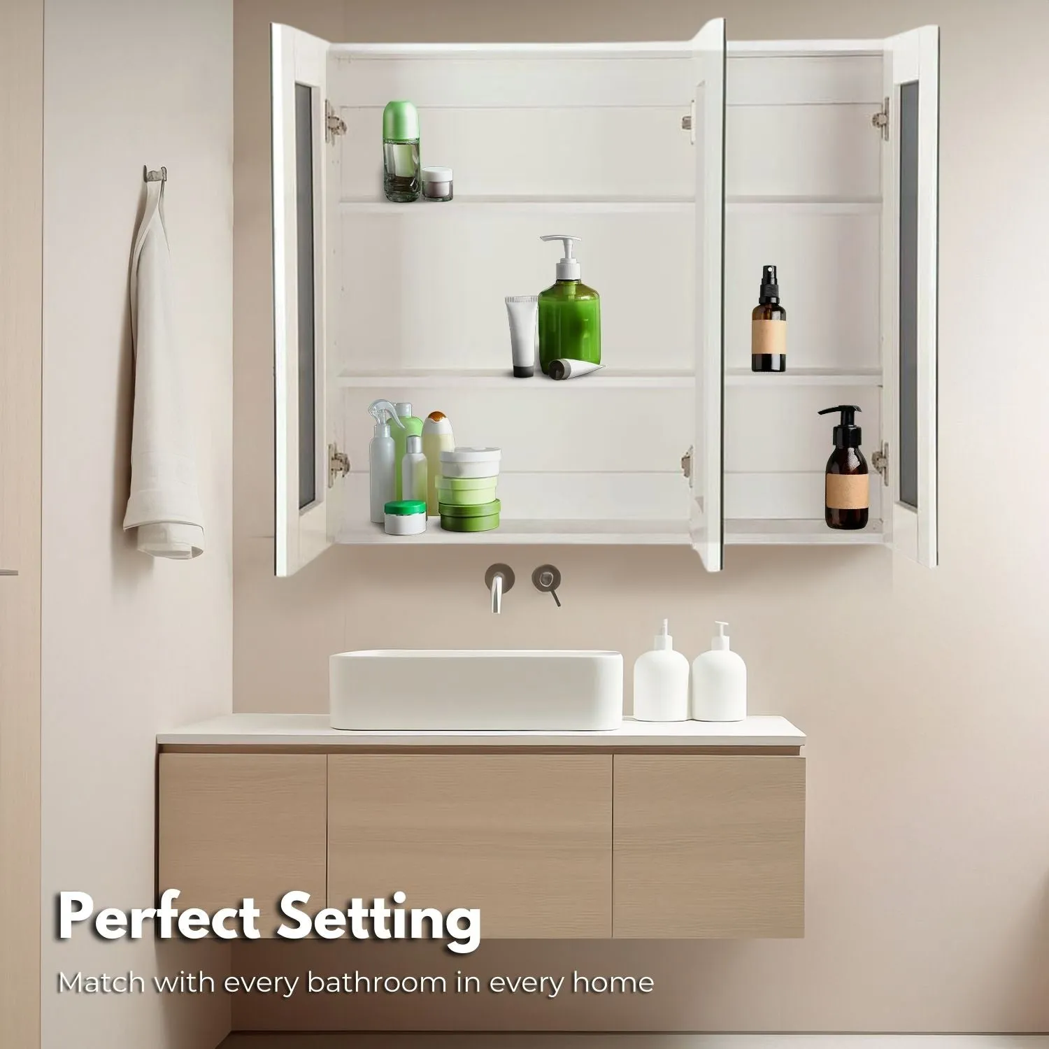 Eco-Friendly Triple-Door Vanity Mirror Cabinet, White - EKKIO