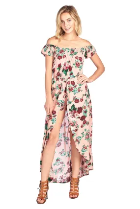 Elasticized Off Shoulder Short Sleeve Floral Print Skort Romper Maxi Overlay