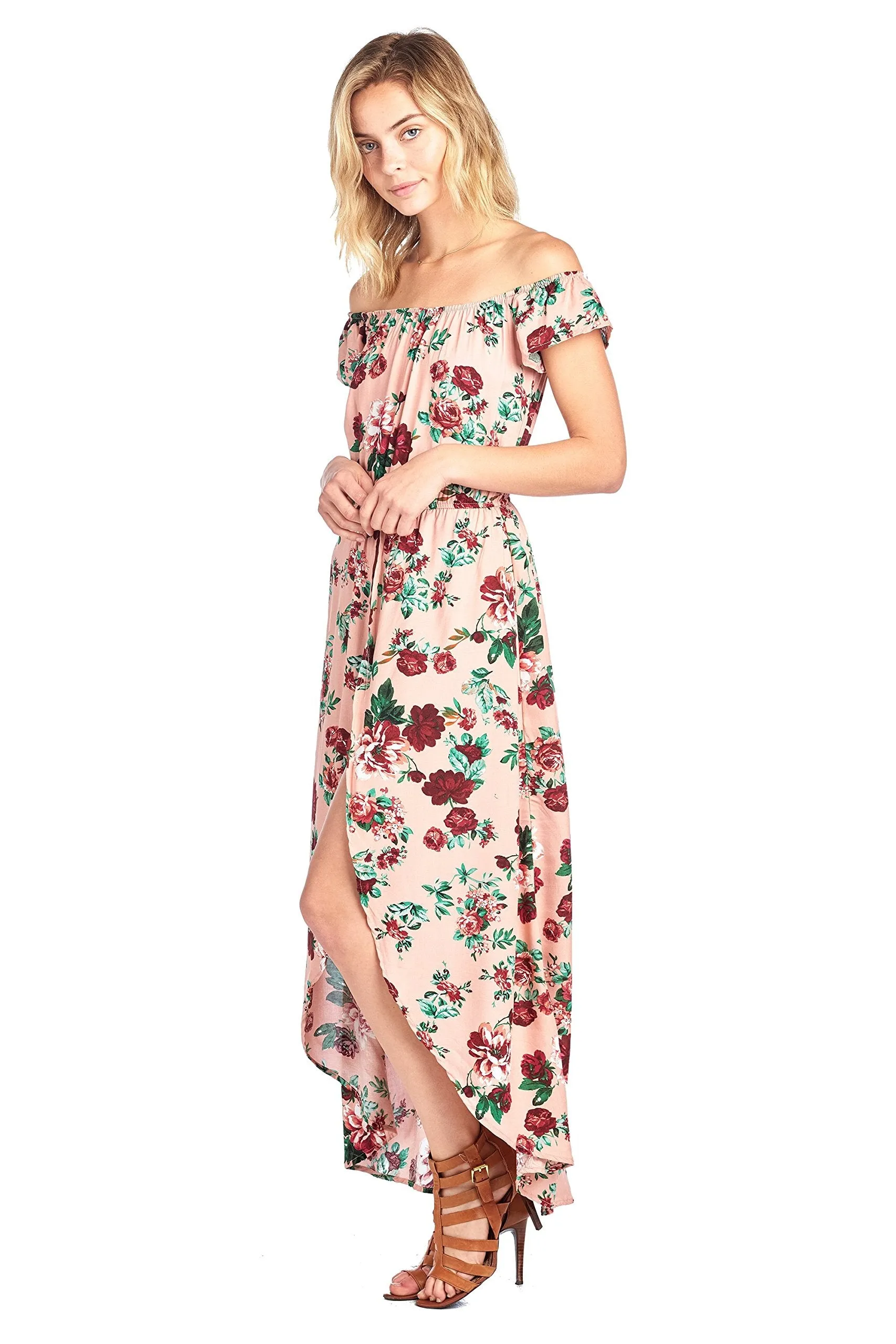 Elasticized Off Shoulder Short Sleeve Floral Print Skort Romper Maxi Overlay