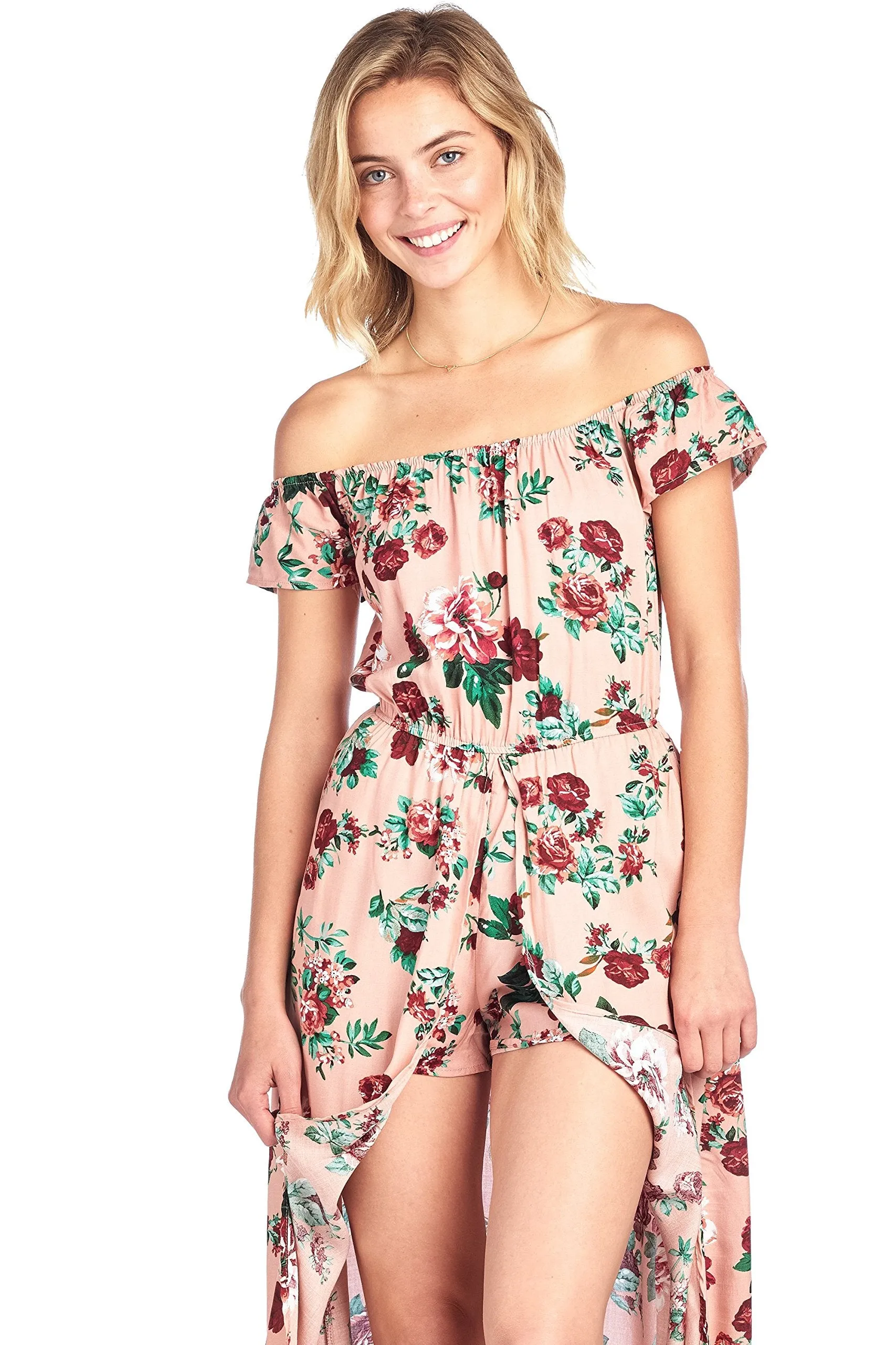 Elasticized Off Shoulder Short Sleeve Floral Print Skort Romper Maxi Overlay