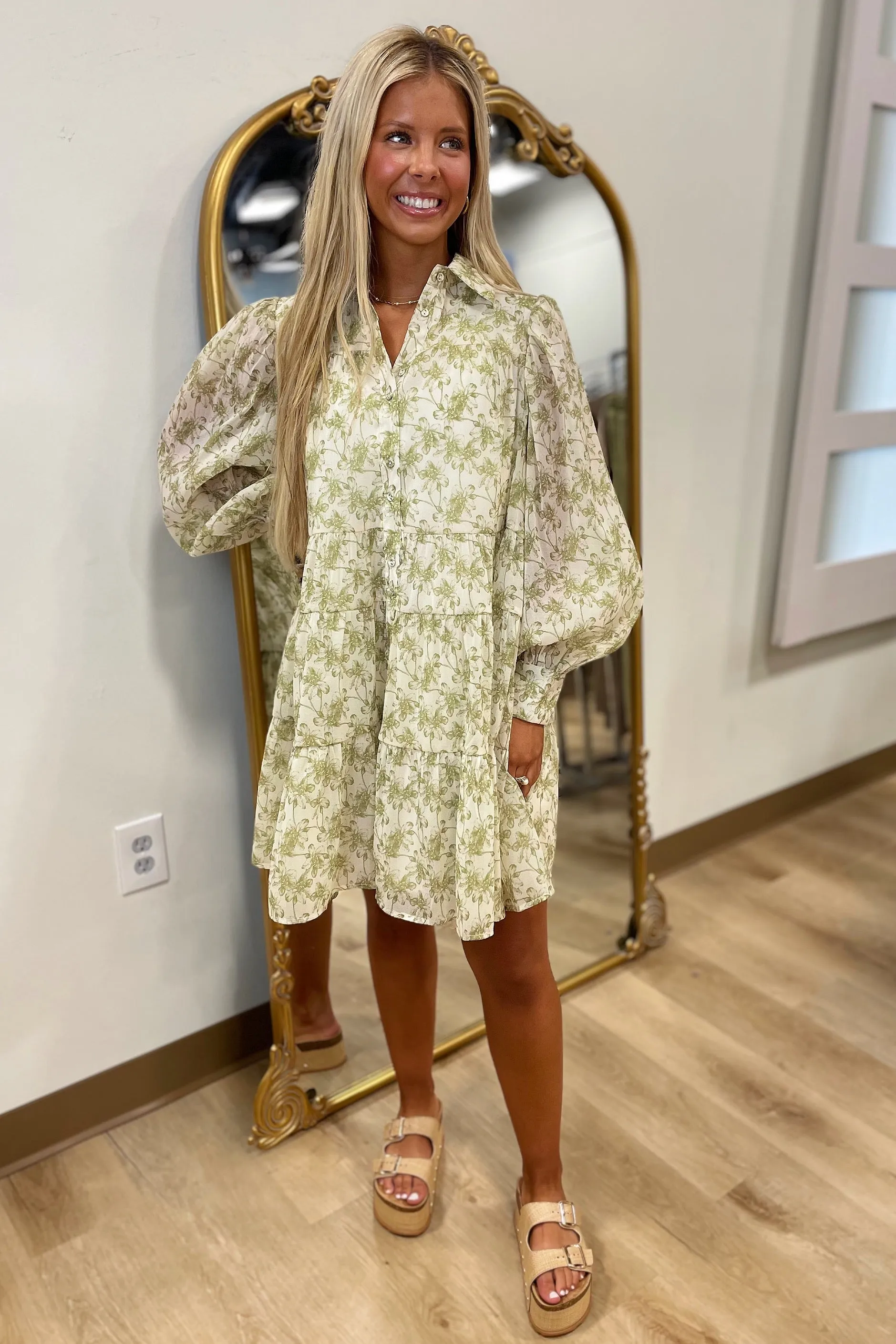 Elizabeth Floral Tiered Shirt Dress Green