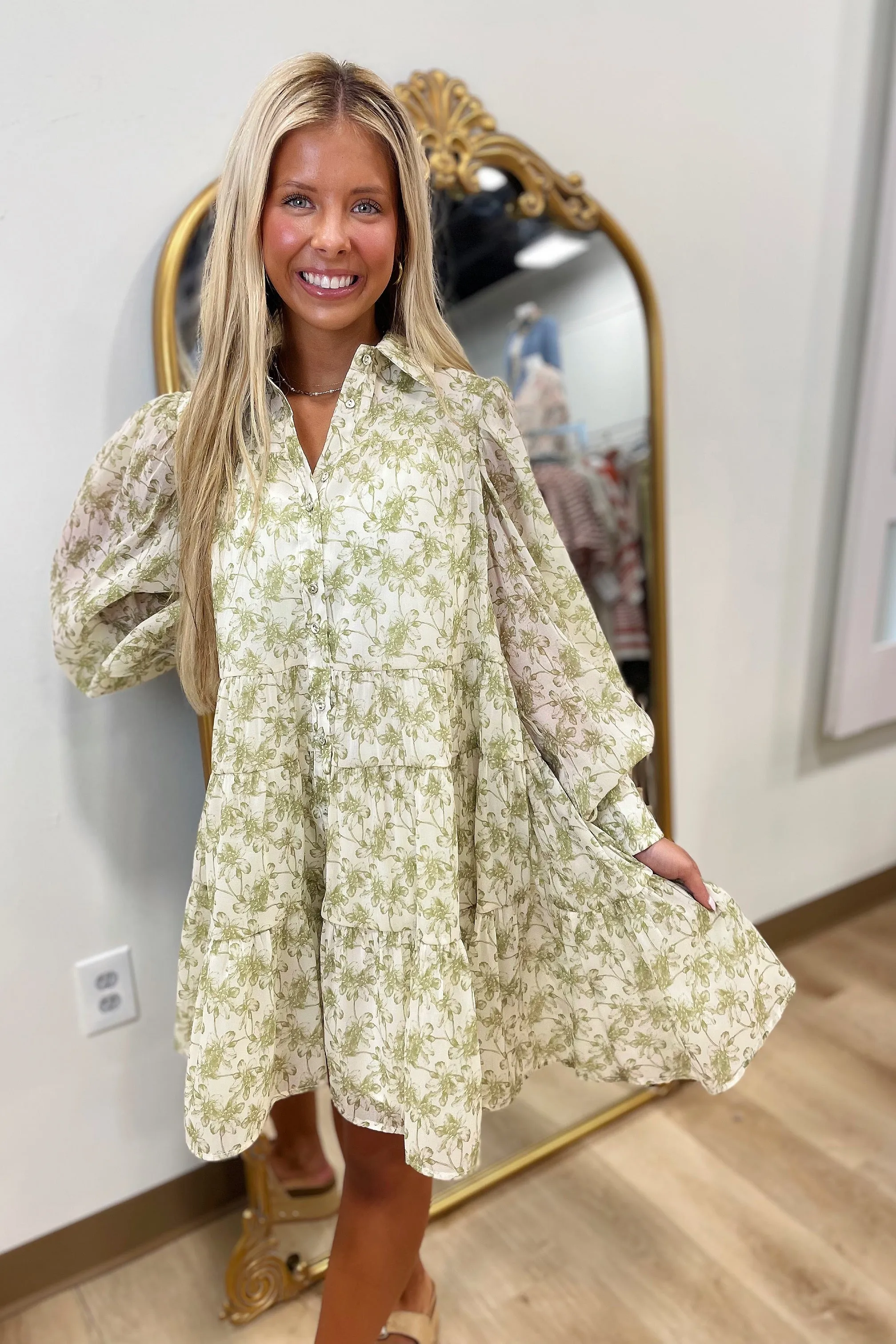 Elizabeth Floral Tiered Shirt Dress Green