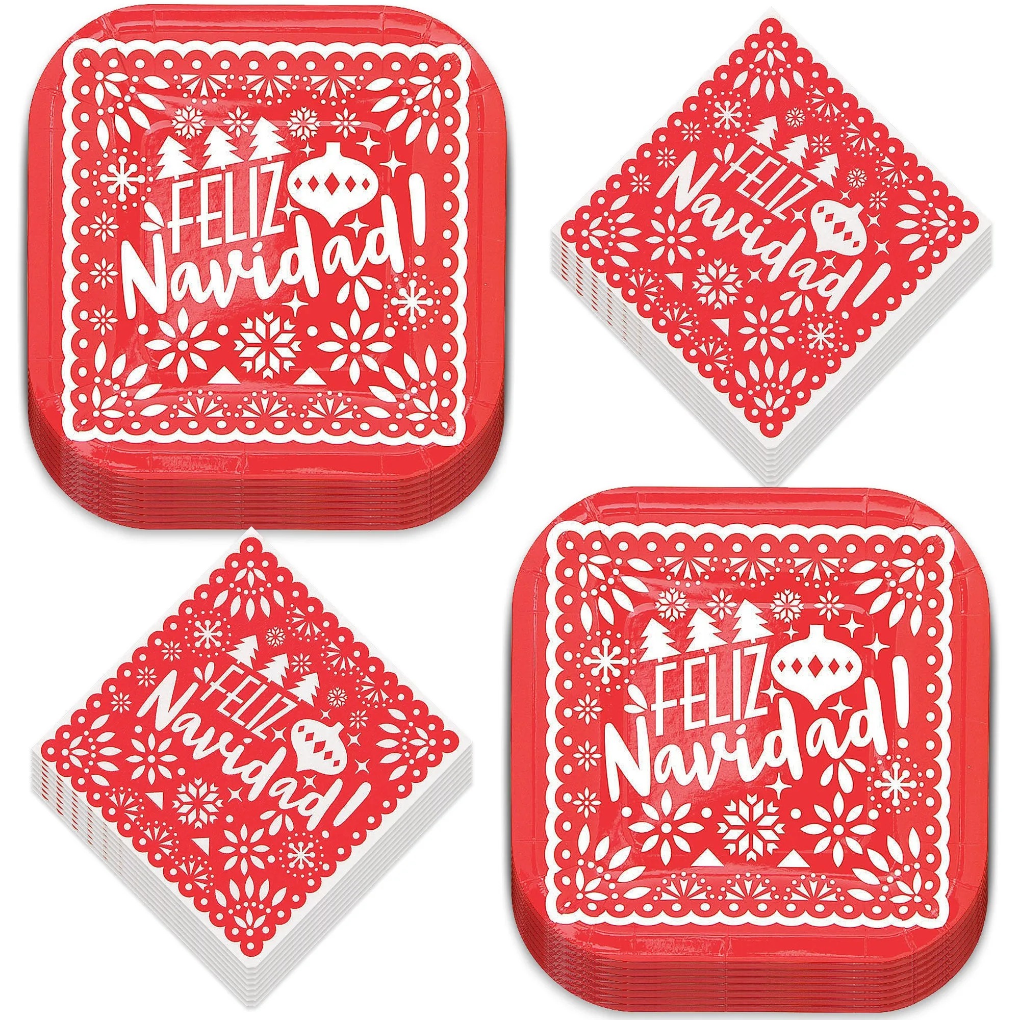Feliz Navidad Holiday Party Square Paper Dessert Plates, and Napkins (Serves 16)