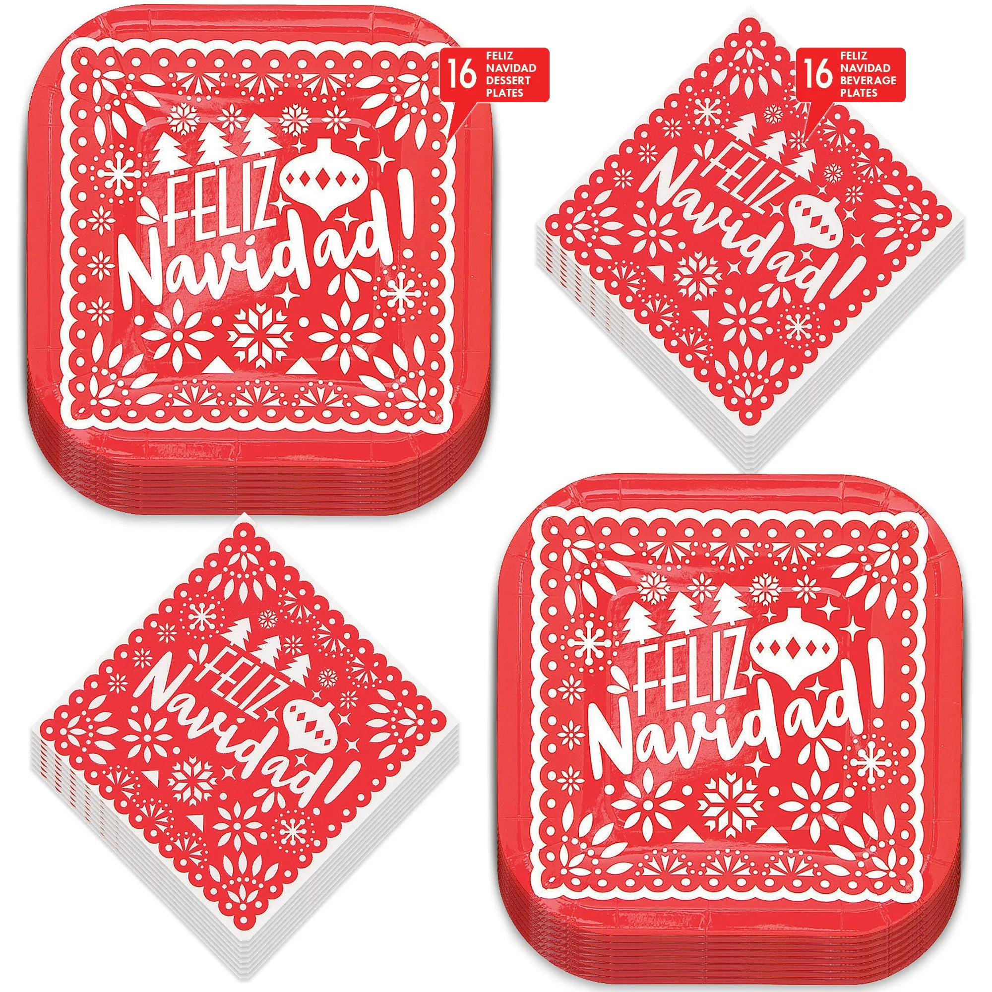 Feliz Navidad Holiday Party Square Paper Dessert Plates, and Napkins (Serves 16)